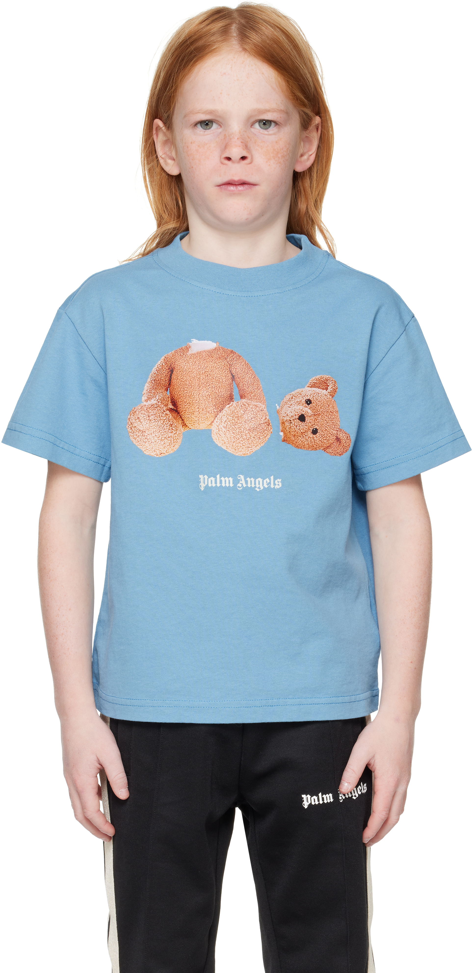 Palm Angels Kids Blue Bear T-shirt In Dusty Blue