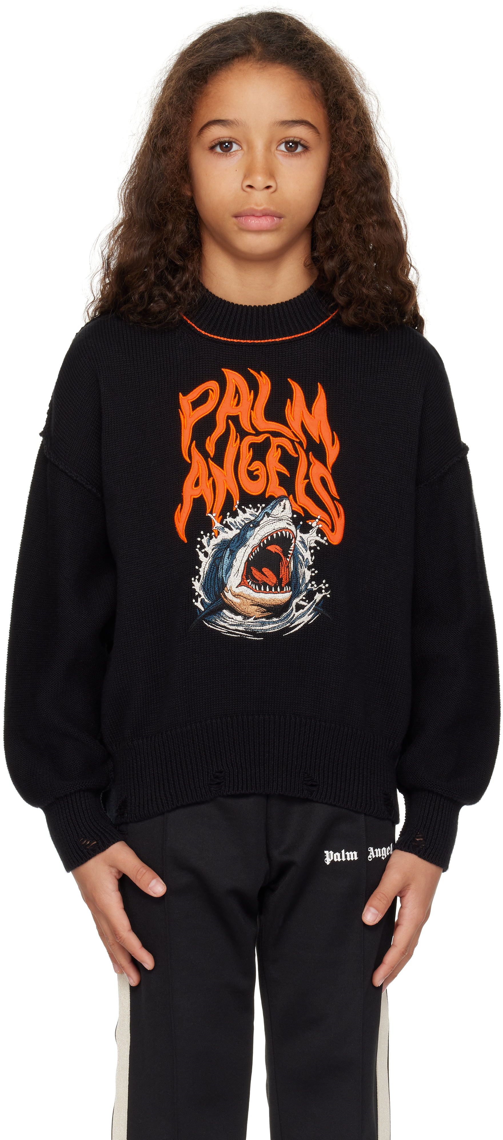 Palm Angels Kids Black Flames Shark Jumper In Black Orange