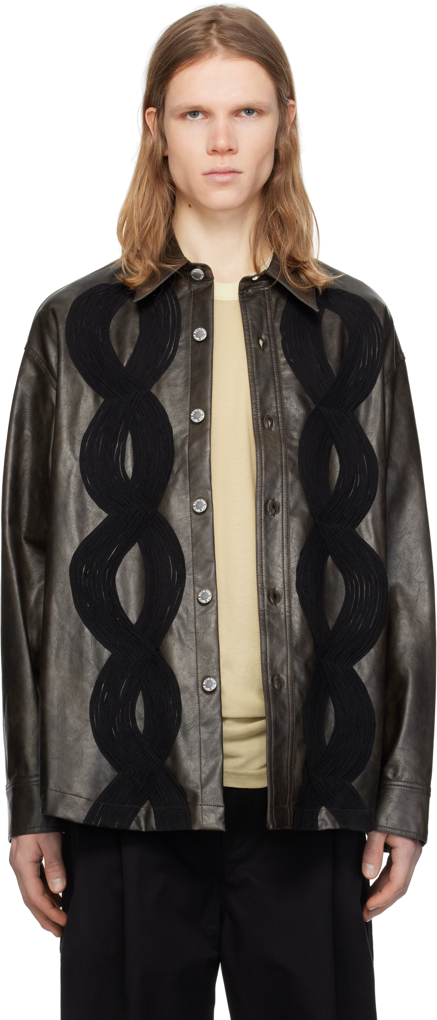 SONG FOR THE MUTE BROWN 'APPLIQUÉ' FAUX-LEATHER OVERSHIRT 