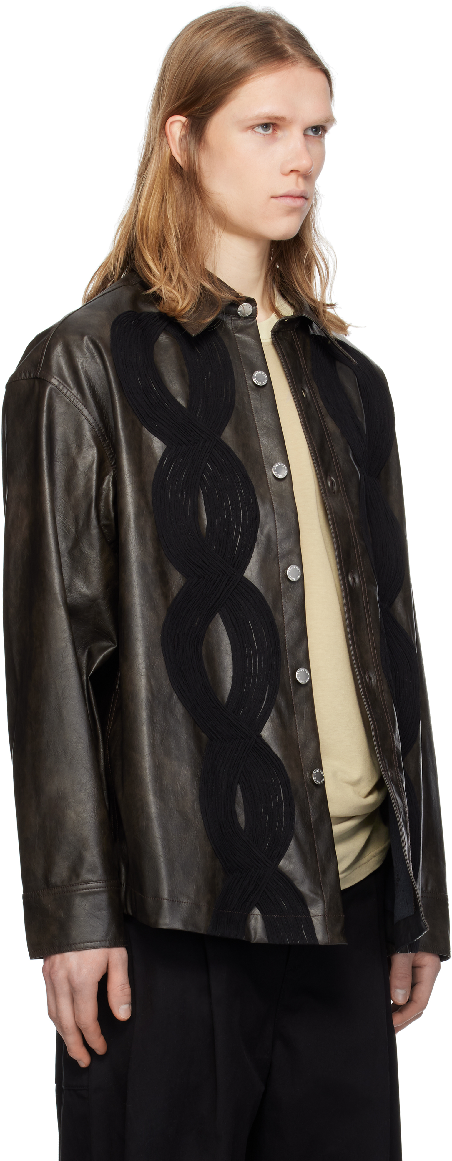 SONG FOR THE MUTE BROWN 'APPLIQUÉ' FAUX-LEATHER OVERSHIRT 