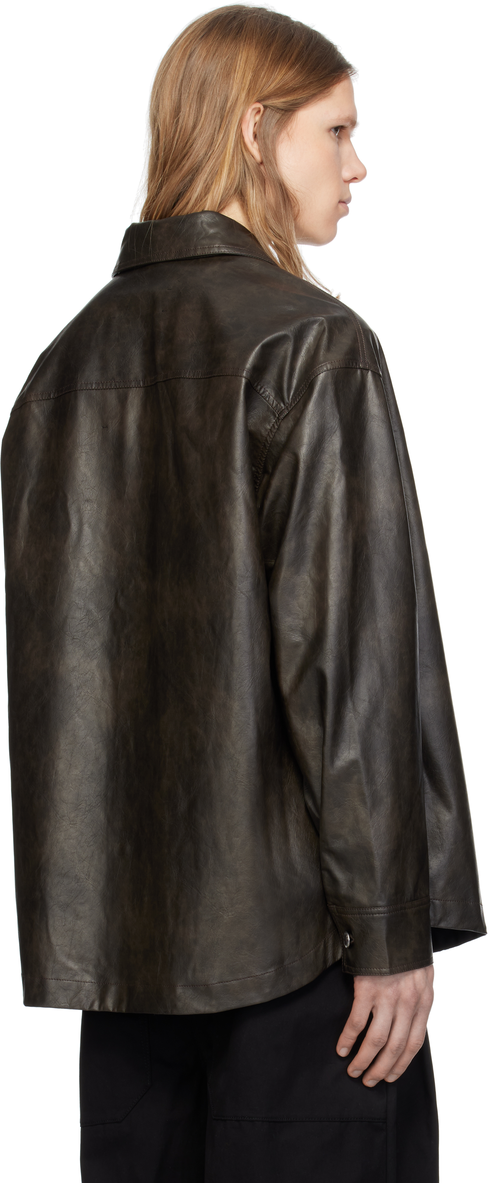 SONG FOR THE MUTE BROWN 'APPLIQUÉ' FAUX-LEATHER OVERSHIRT 