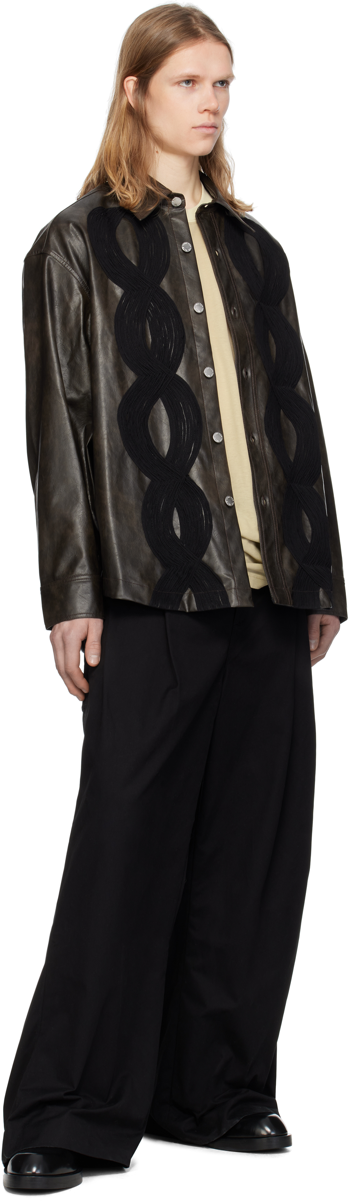SONG FOR THE MUTE BROWN 'APPLIQUÉ' FAUX-LEATHER OVERSHIRT 