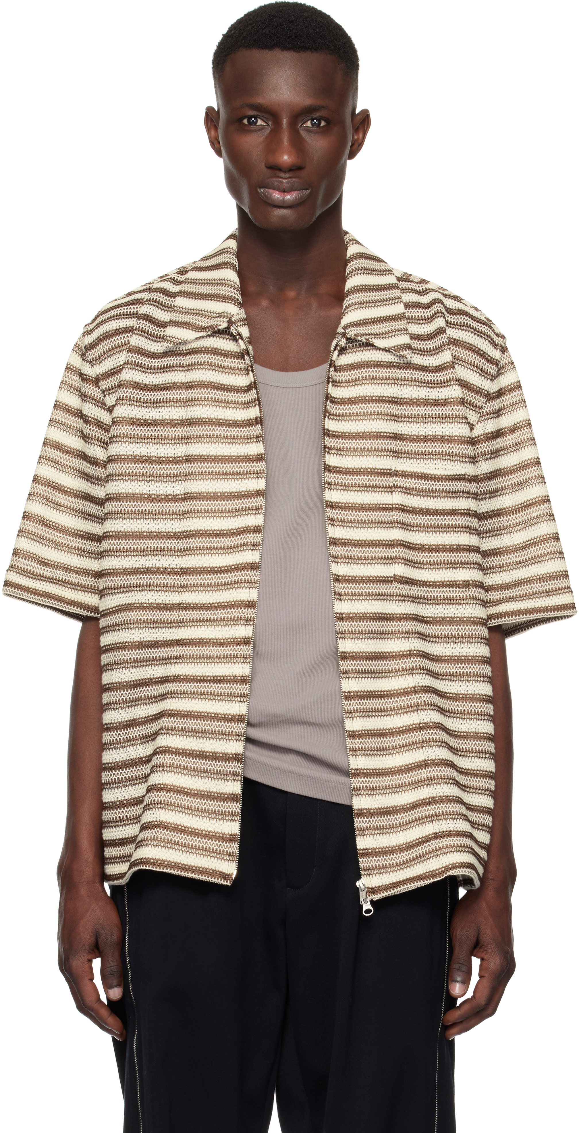 【関税込み】Song for the Mute ブラウン ストライプ トップス Brown & Off-White Zip Up Box Shirt by Song for the Mute on Sale