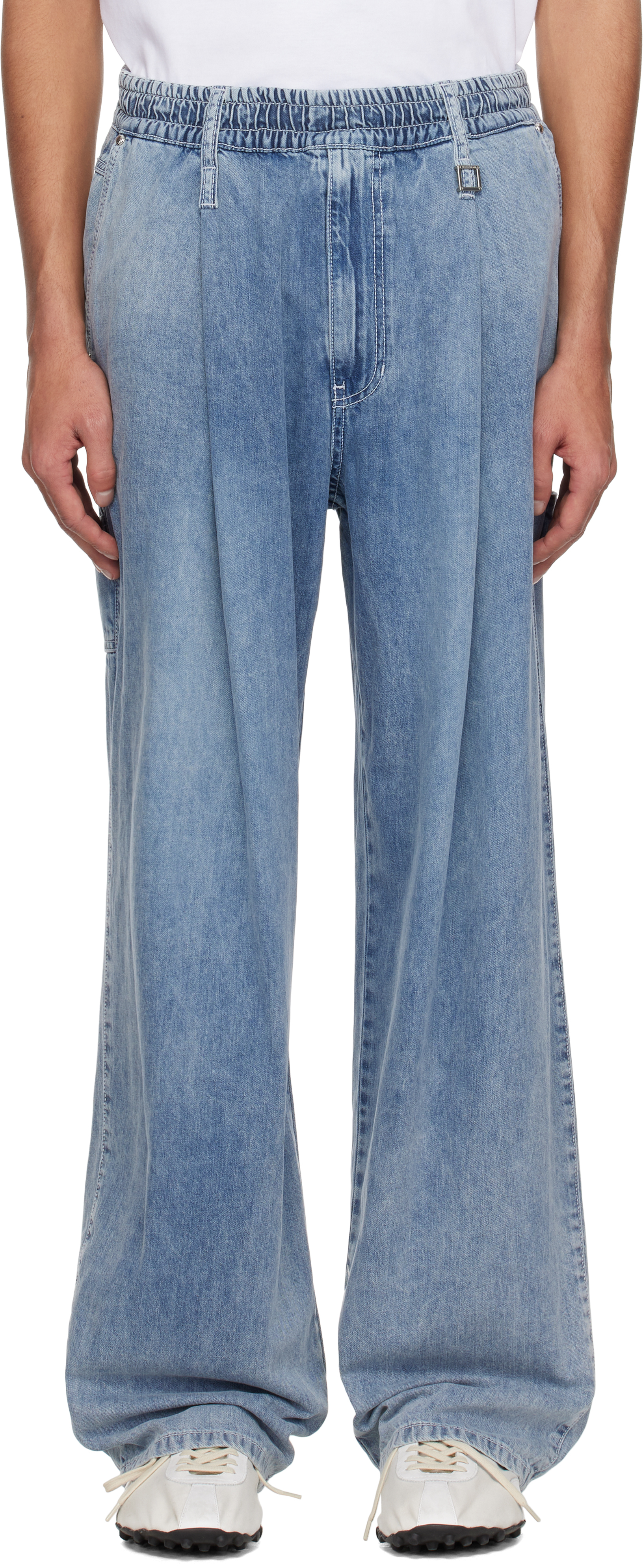 Blue One-Tuck Banding Denim Jeans by WOOYOUNGMI on Sale