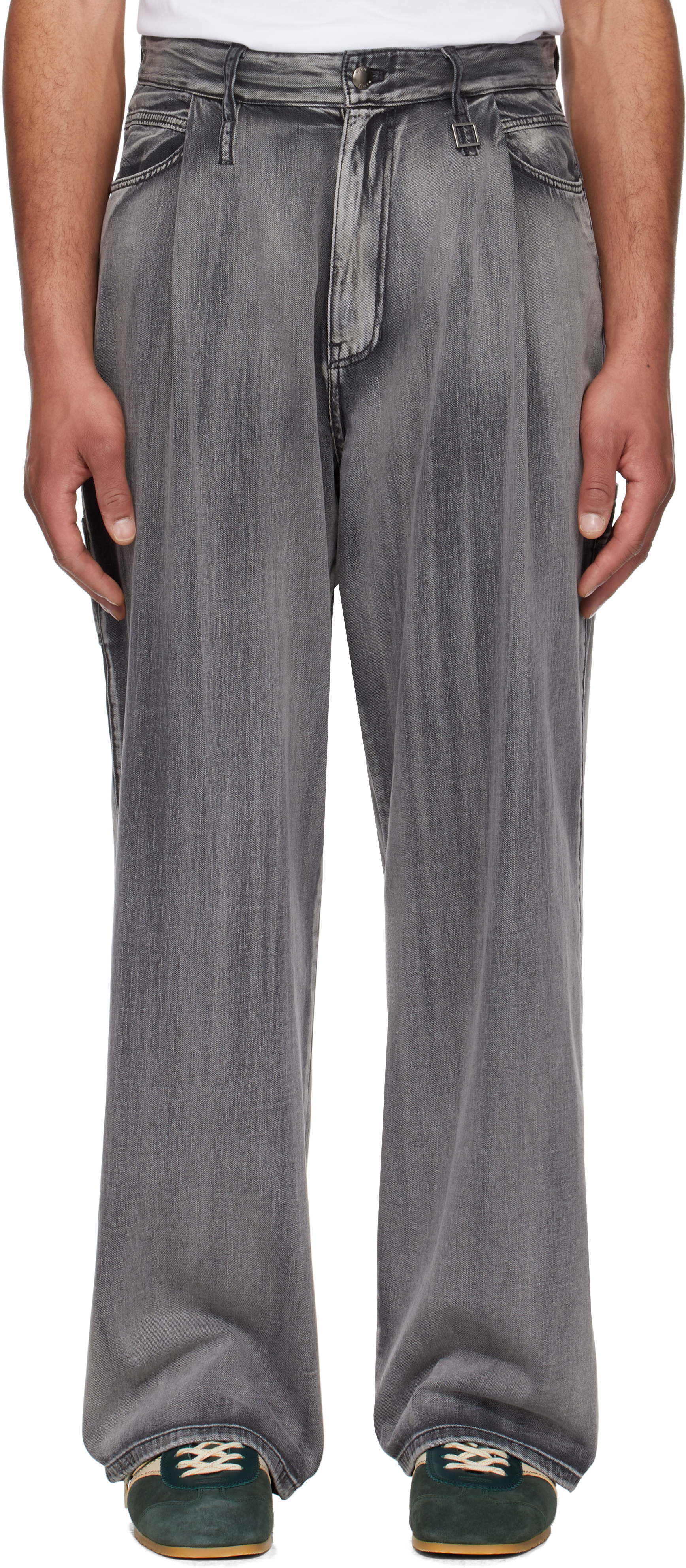 【Anyone more】Rot Gray Washing Denim Wide Pants Gray Wide Washed Jeans by WOOYOUNGMI on Sale