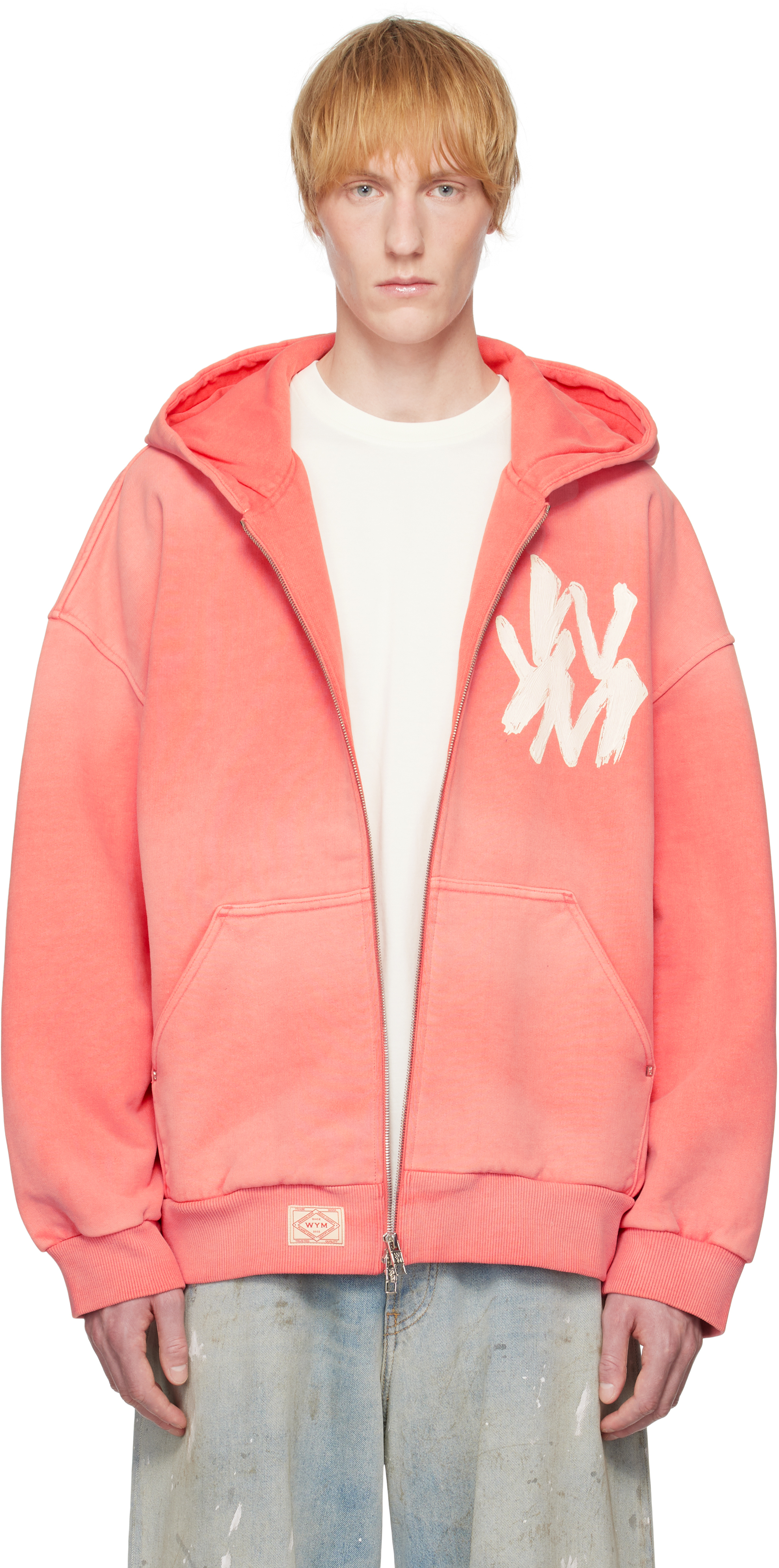 Pink Painted Logo Dyed Zip-Up Hoodie