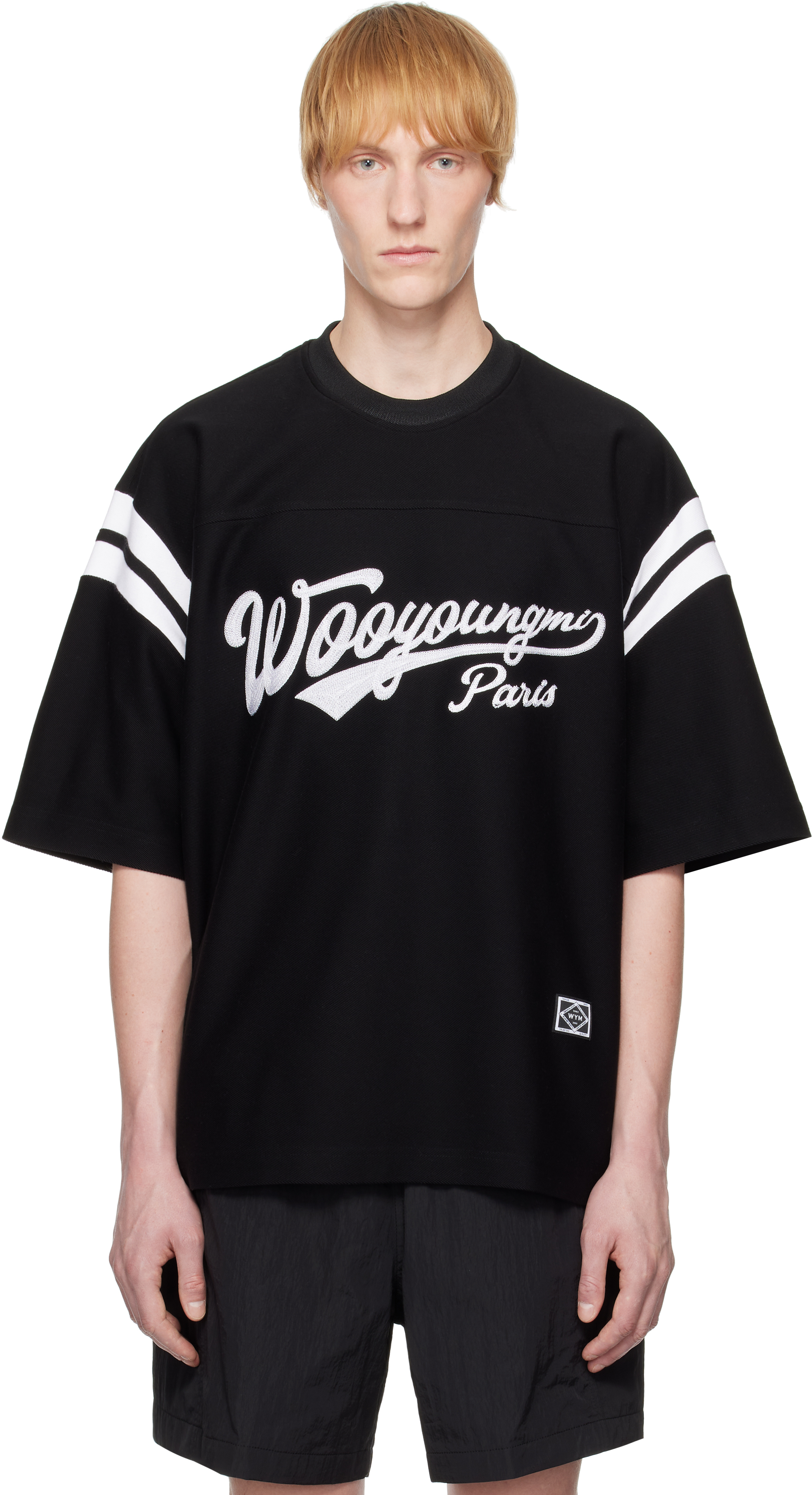 Black Logo Embroidered T-shirt by WOOYOUNGMI on Sale