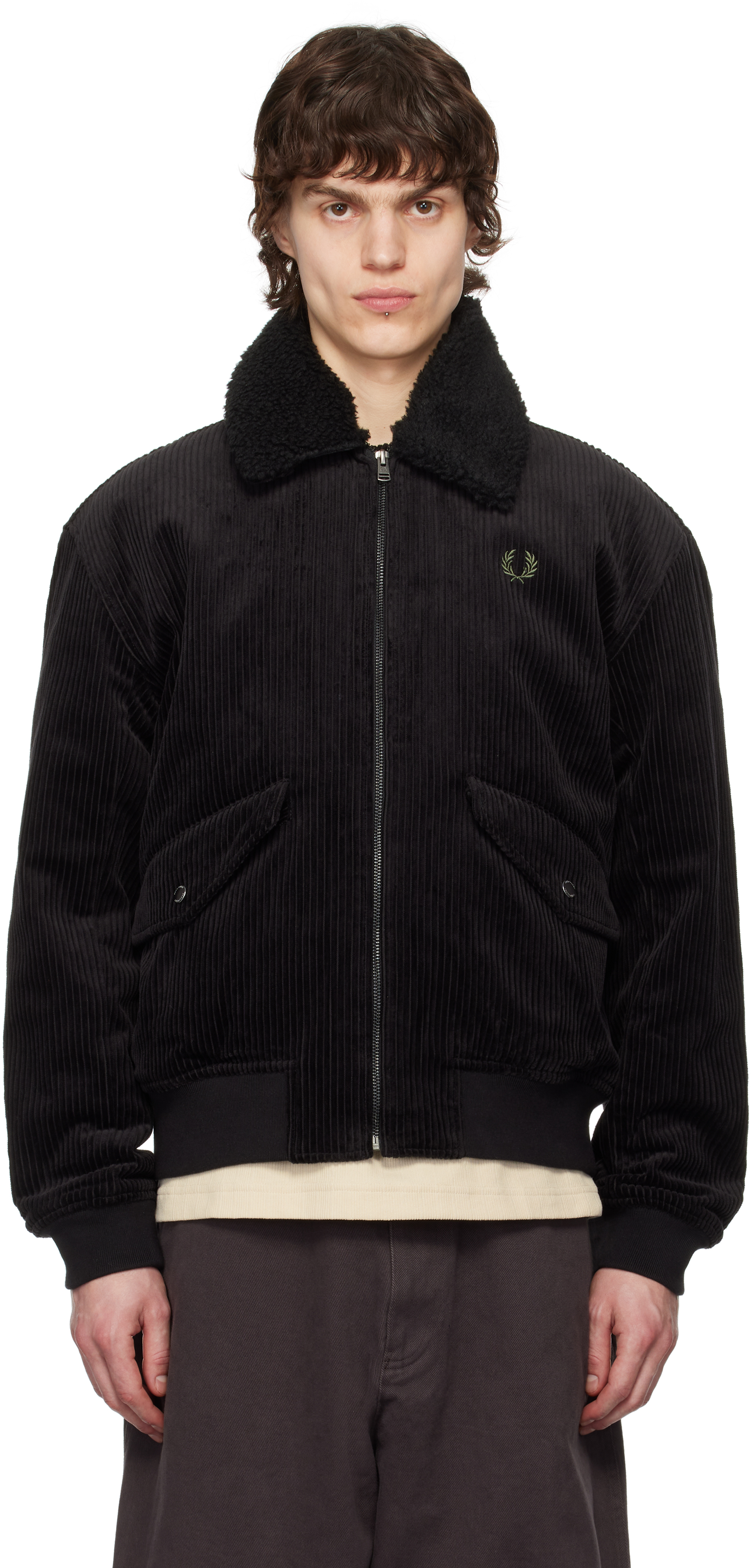 Black Cotton Corduroy Bomber Jacket