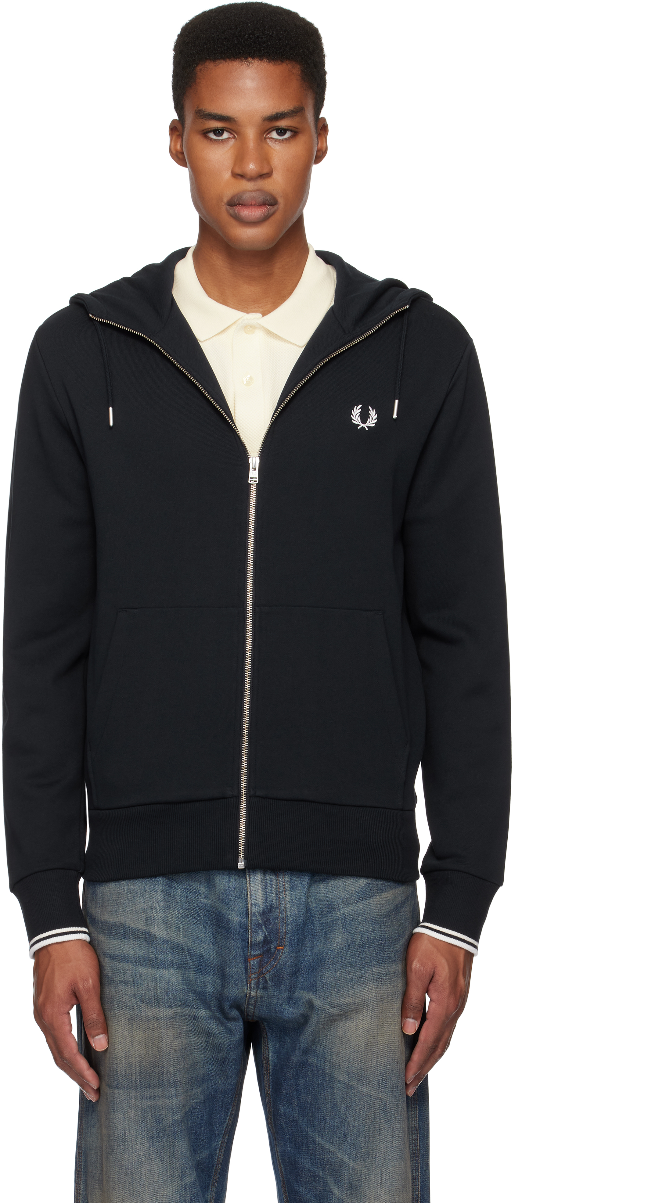 【関税込み】Fred Perry ネイビー ジップスルー フーディ Fred Perryのネイビー ジップスルー フーディがセール中