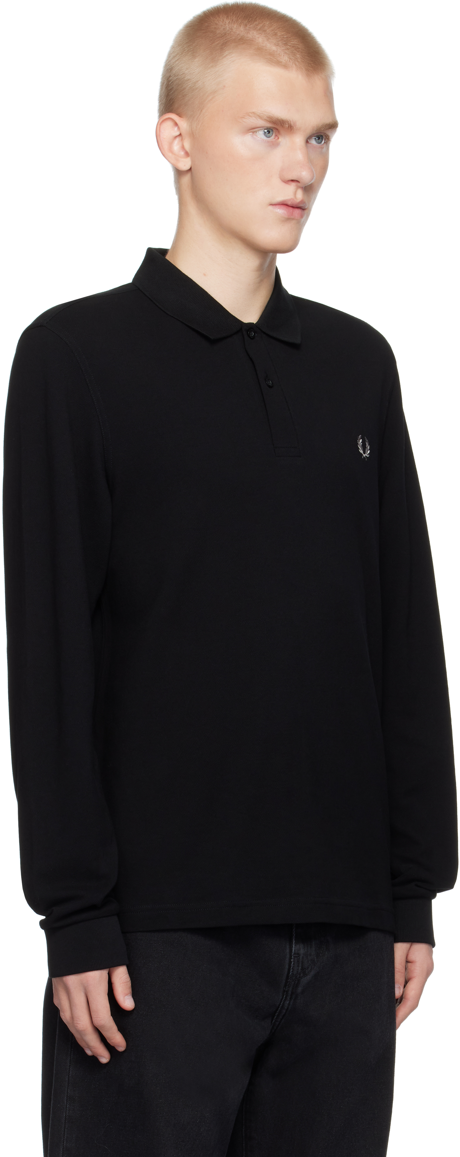 Fred Perry Embroidered Long-sleeve Polo Shirt In Black/chrome