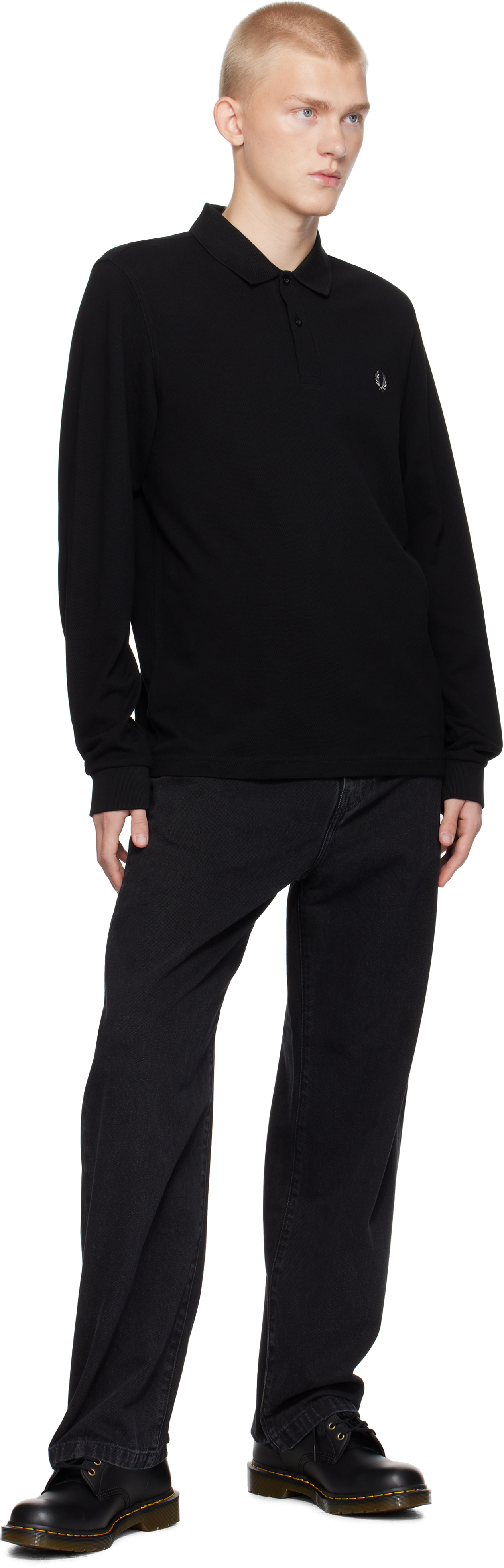 Fred Perry Embroidered Long-sleeve Polo Shirt In Black/chrome