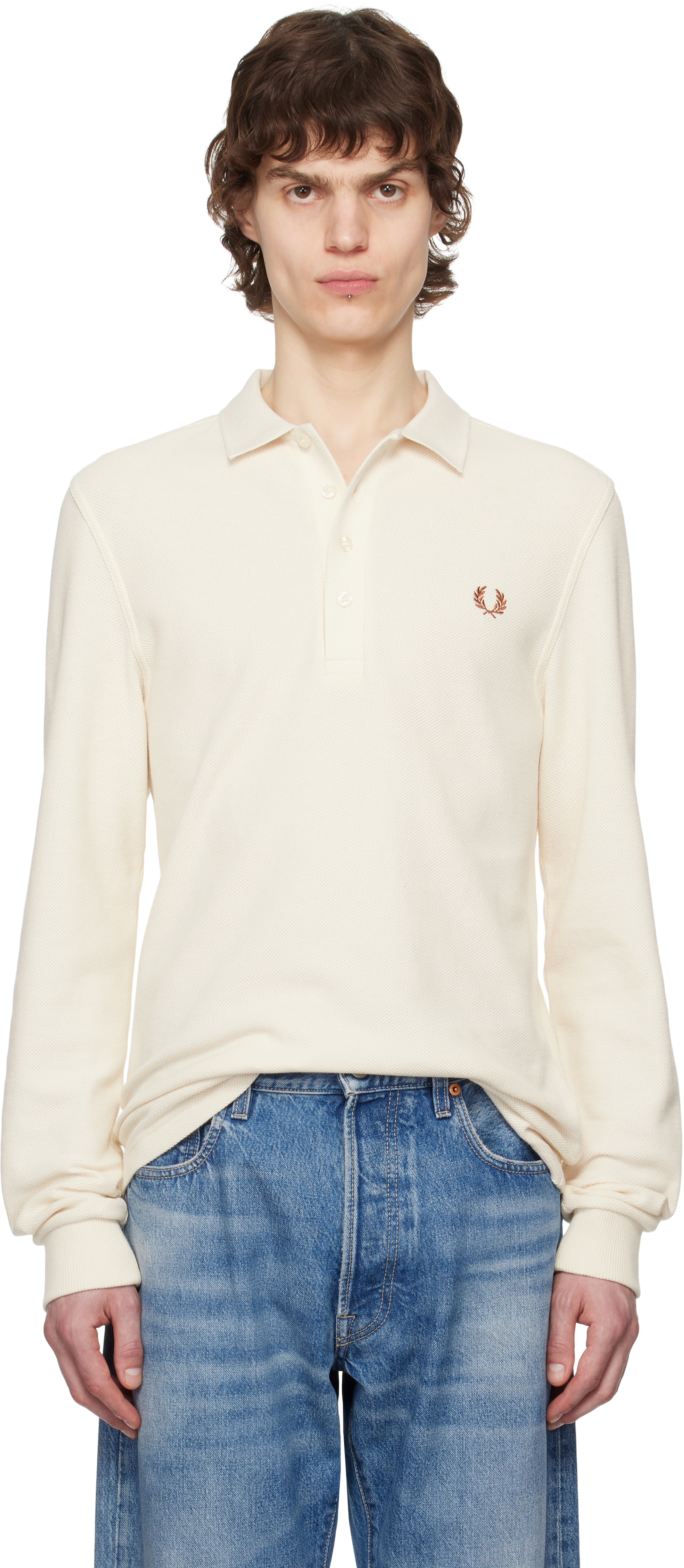 Beige Honeycomb Long-Sleeve Polo