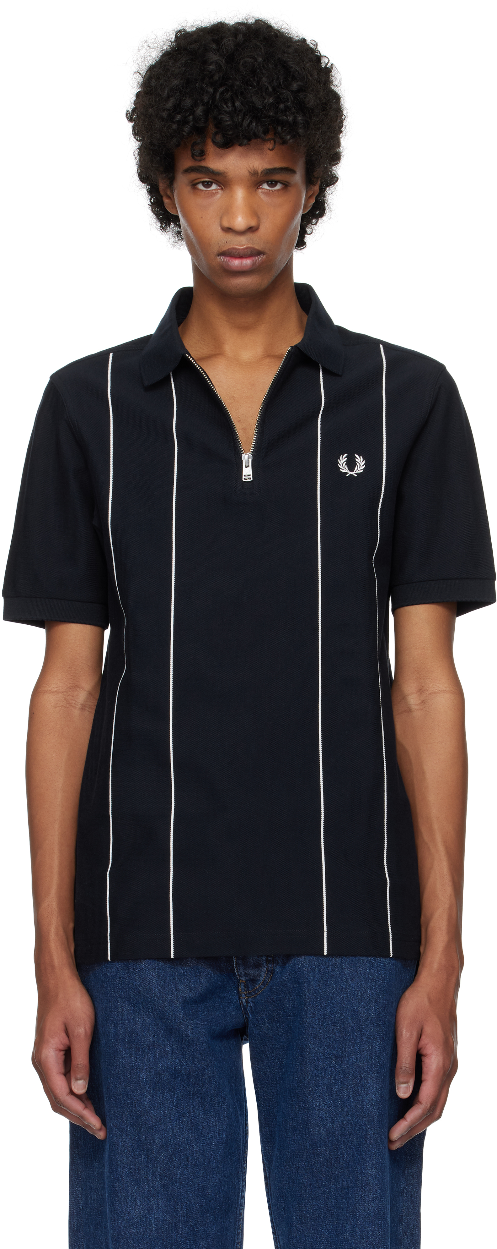 Navy Pinstripe Zip Neck Polo