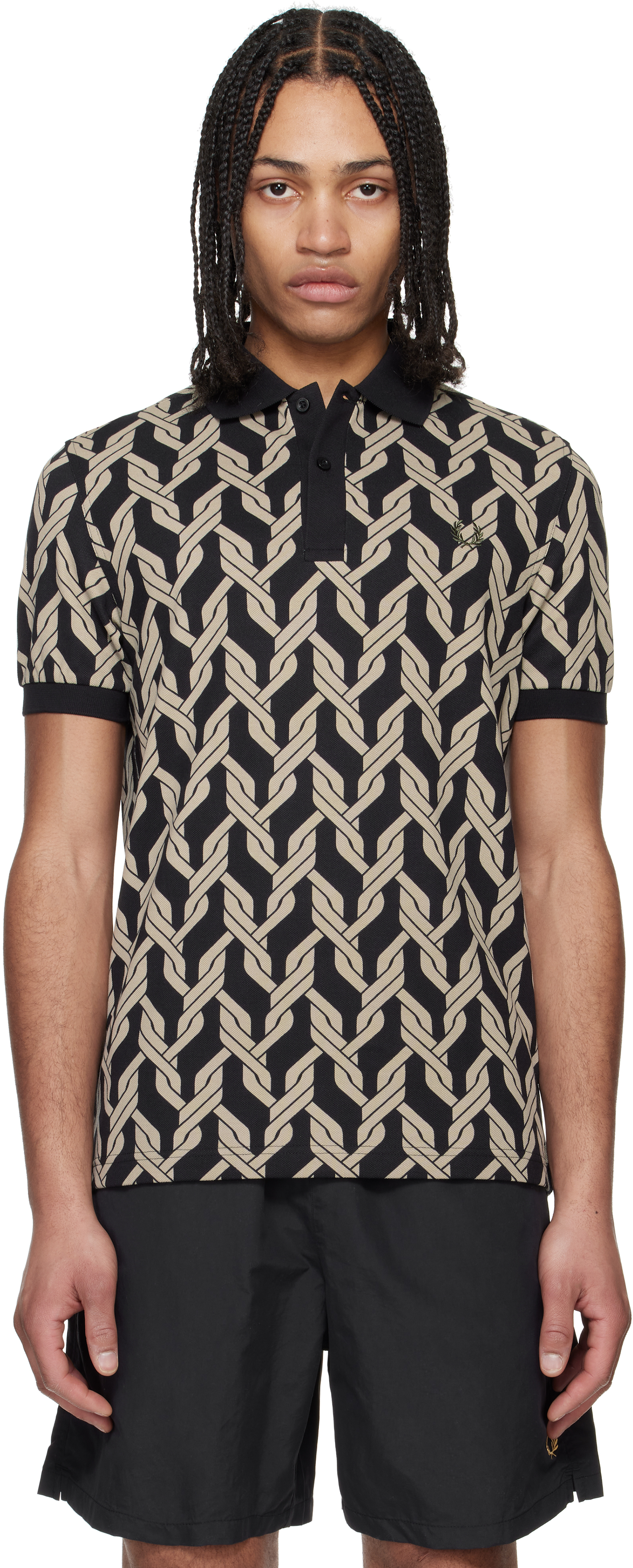 Black 
Beige Cable Knit Print Polo