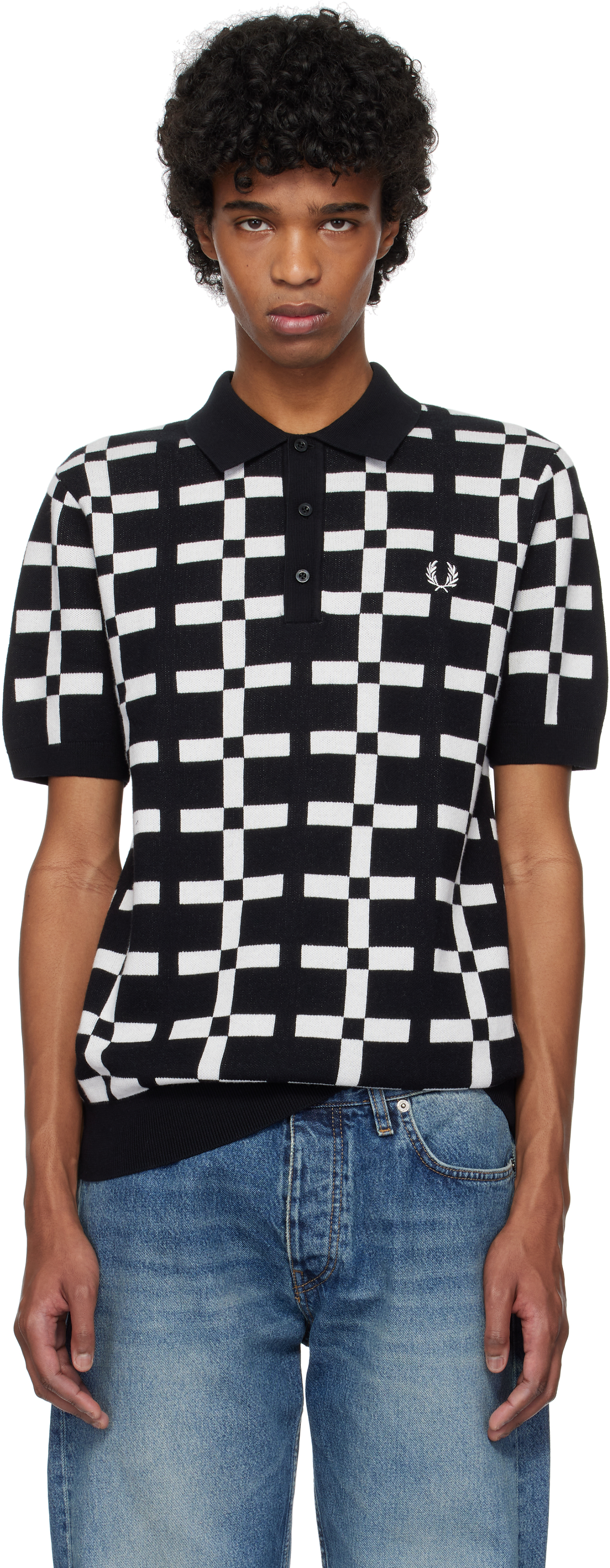 Black 
White Geometric Jacquard Knit Polo