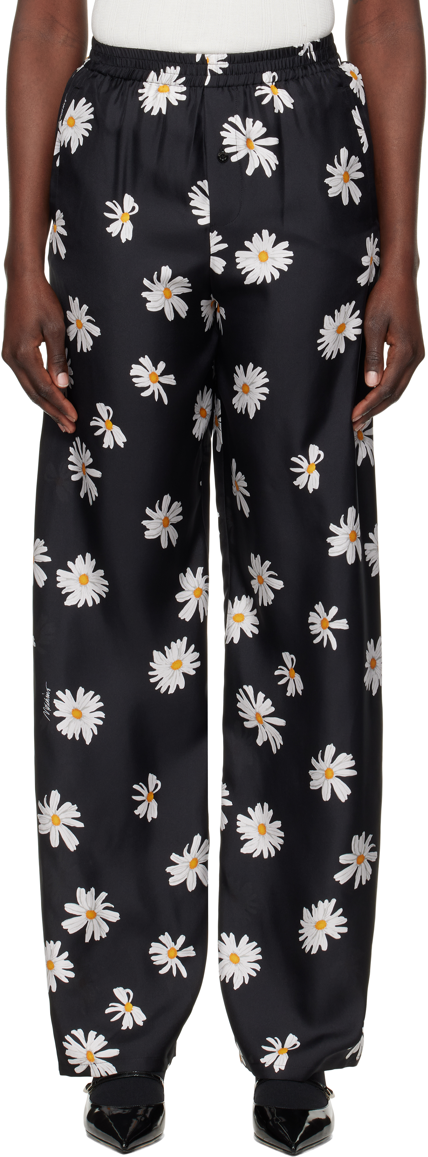 Black Silk Twill Allover Daisy Trousers