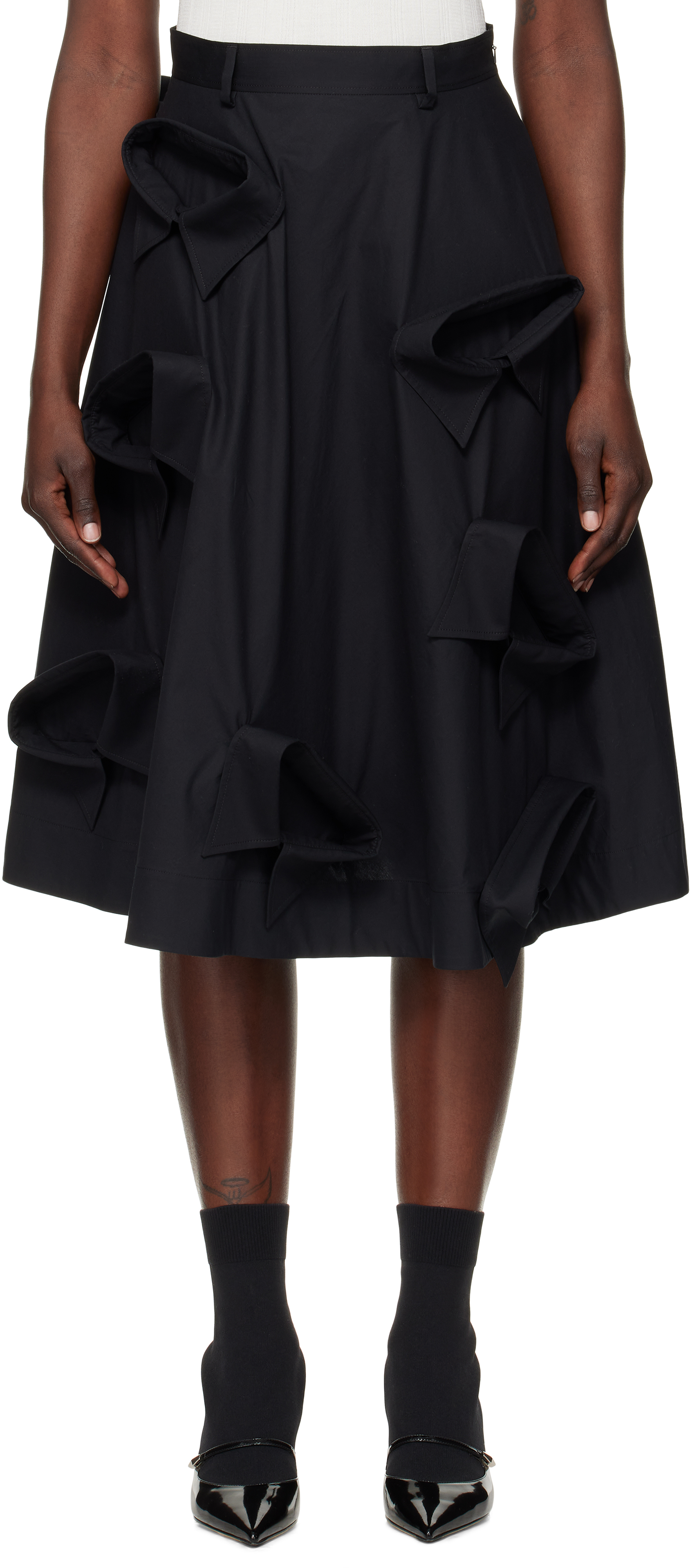 Black Poplin Multi Collars Midi Skirt