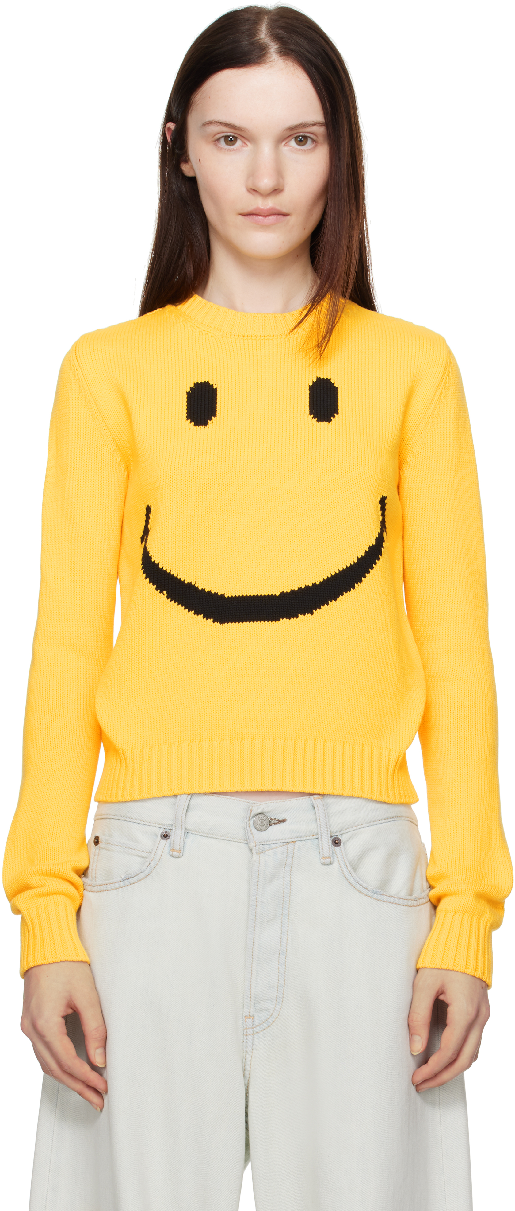 Yellow Cotton Blend Pullover Smiley Sweater