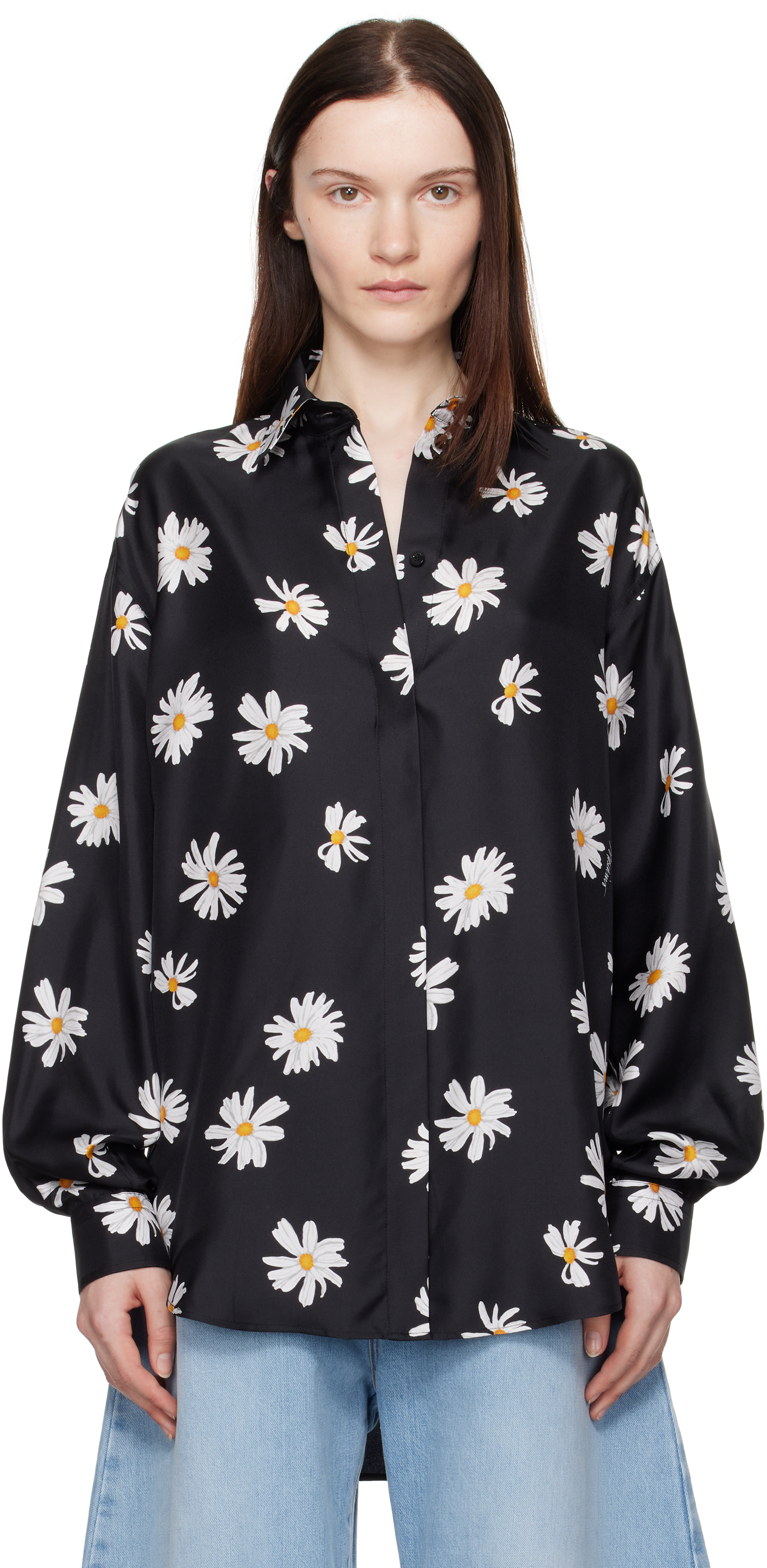 Black Silk Twill Allover Daisy Shirt