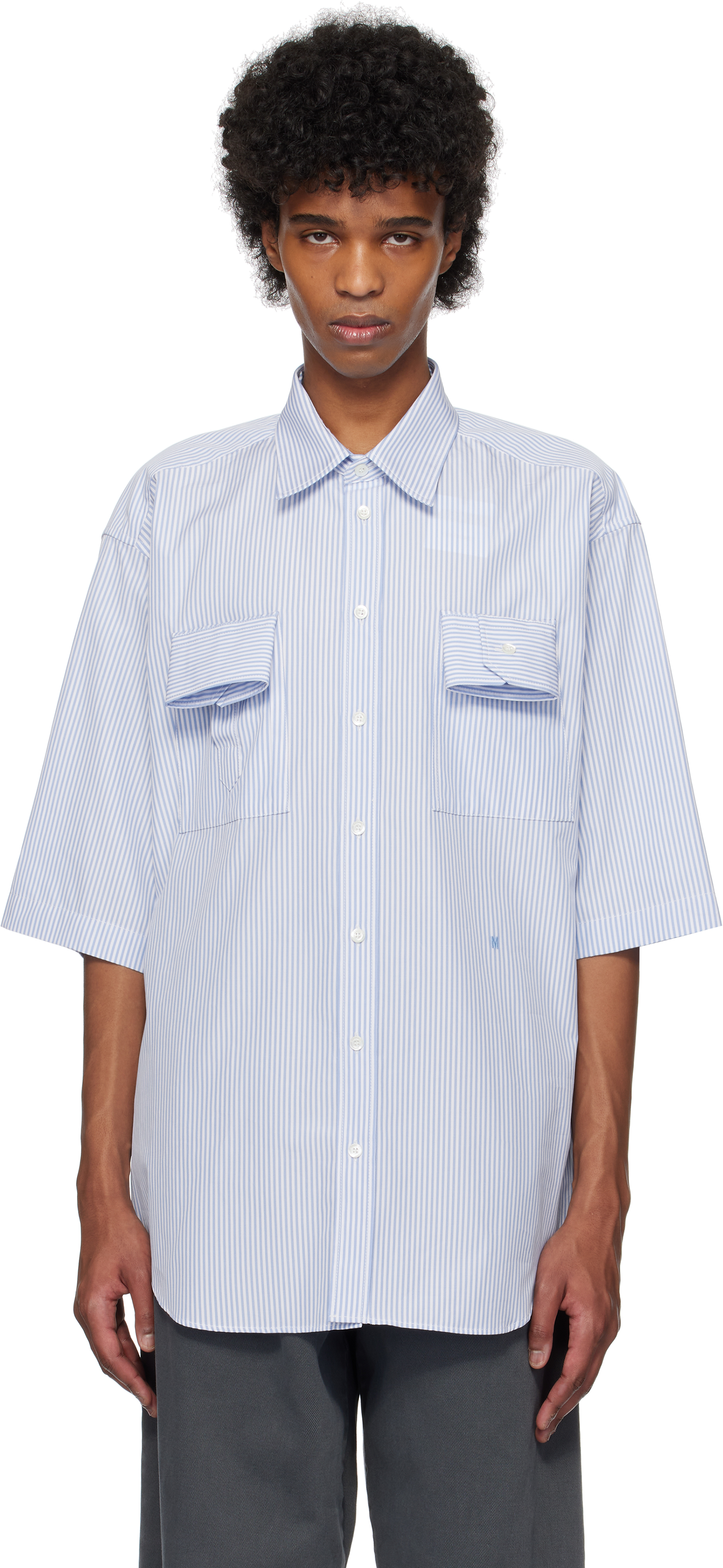 Blue Striped Cuff Details Shirt by Moschino on Sale Blue Striped Cuff Details Shirt by Moschino on Sale