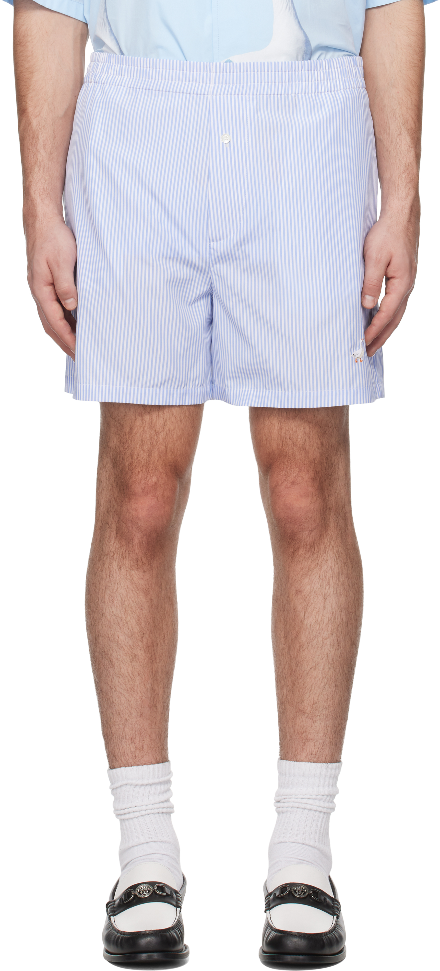 Blue & White Goose Embroidery Striped Poplin Shorts