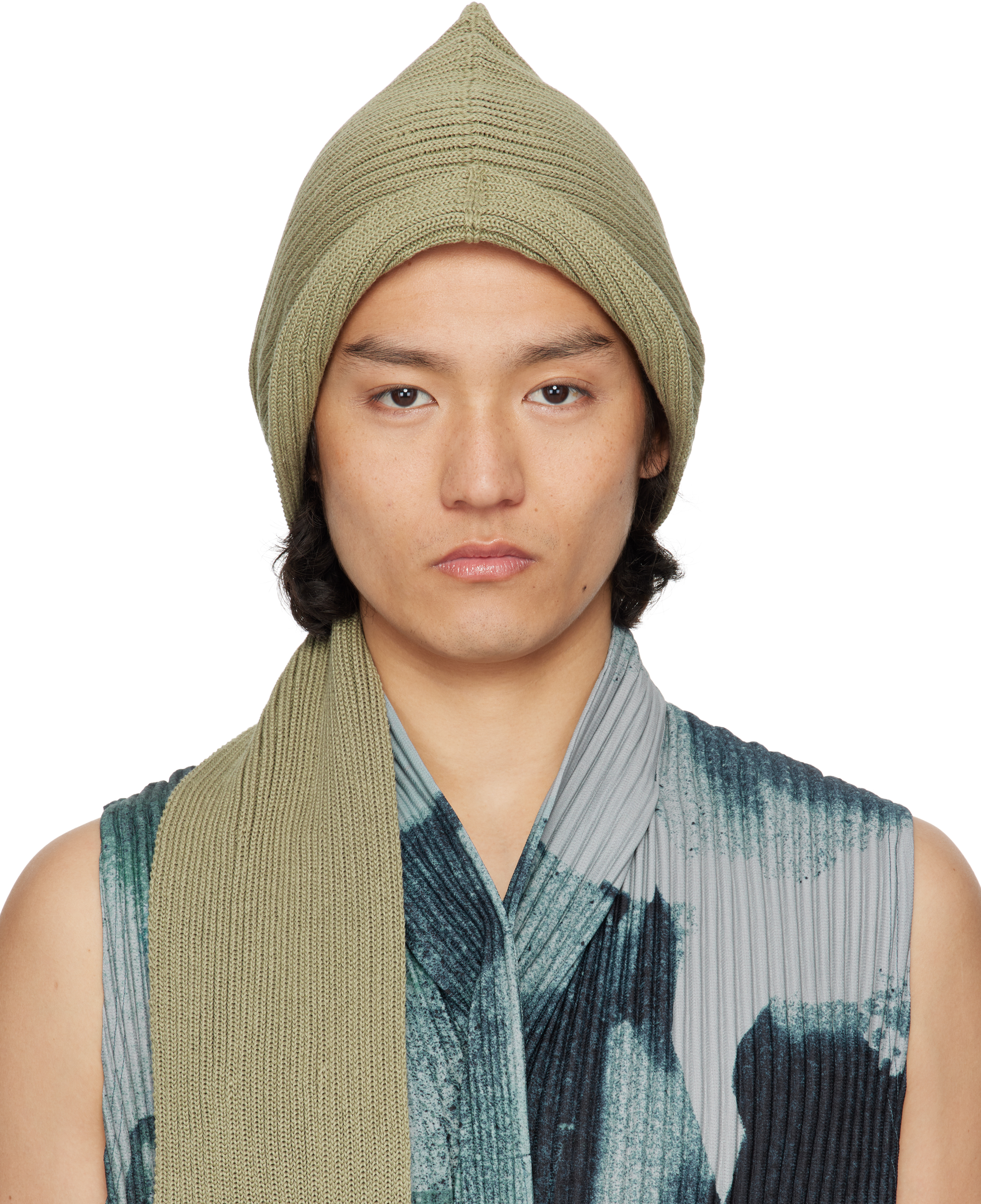 BEANIE SCARF HOMME PLISSÉ ISSEY MIYAKE HOMME PLISSÉ ISSEY MIYAKE: Khaki Beanie Scarf | SSENSE