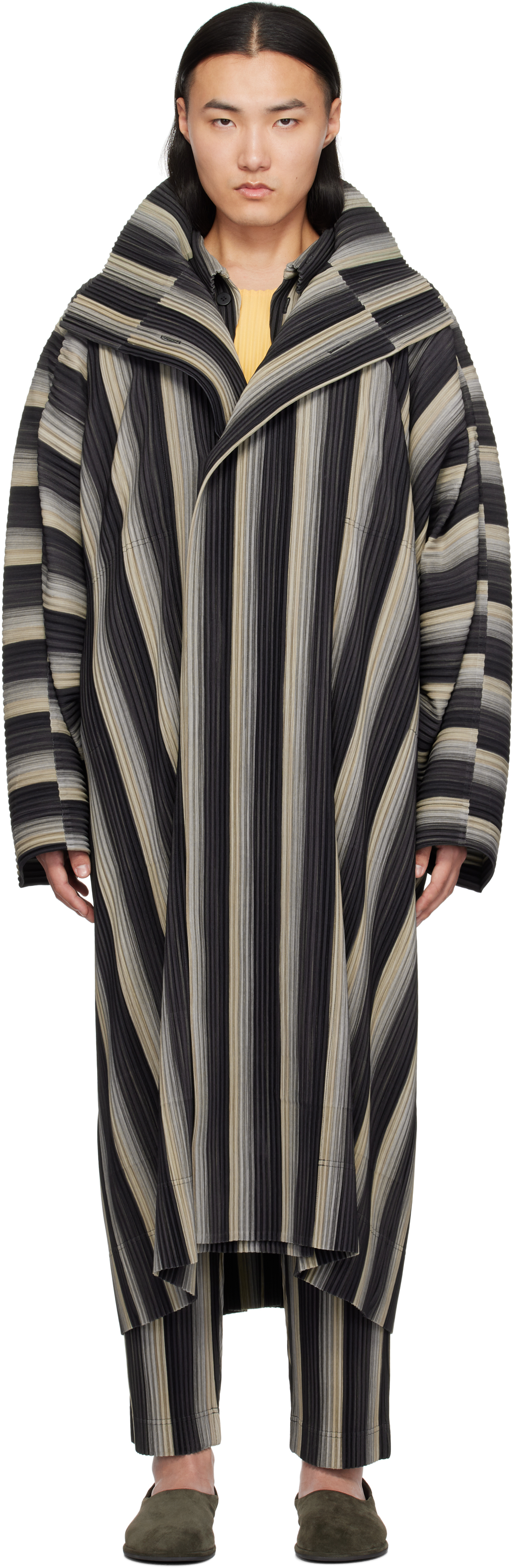 HOMME PLISSÉ ISSEY MIYAKE Black & Beige Ronan Bouroullec RB_Stripes 2 Coat