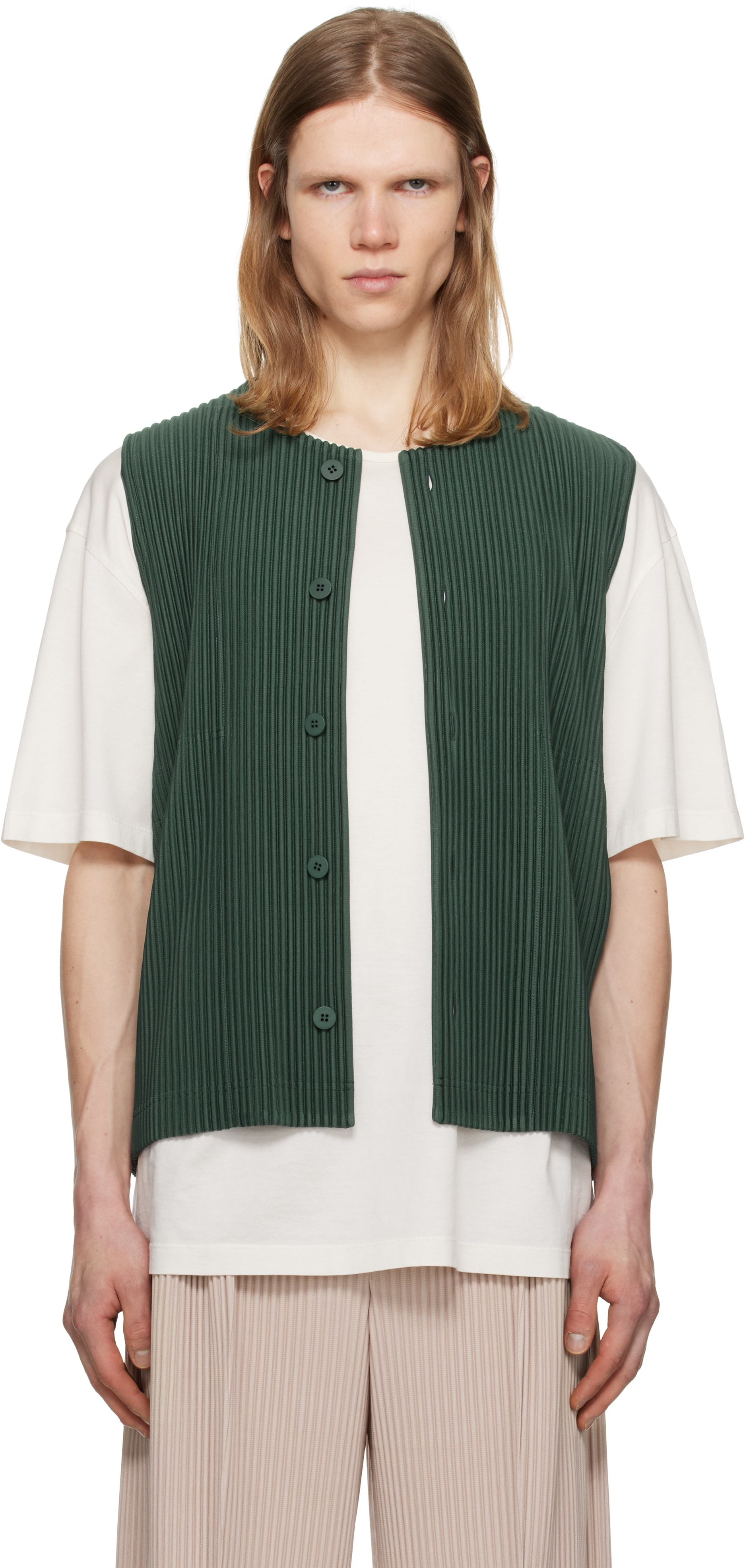 オムプリッセ　Issey miyake グリーン size 1 HOMME PLISSÉ ISSEY MIYAKE: Green Pleats 1 Vest | SSENSE