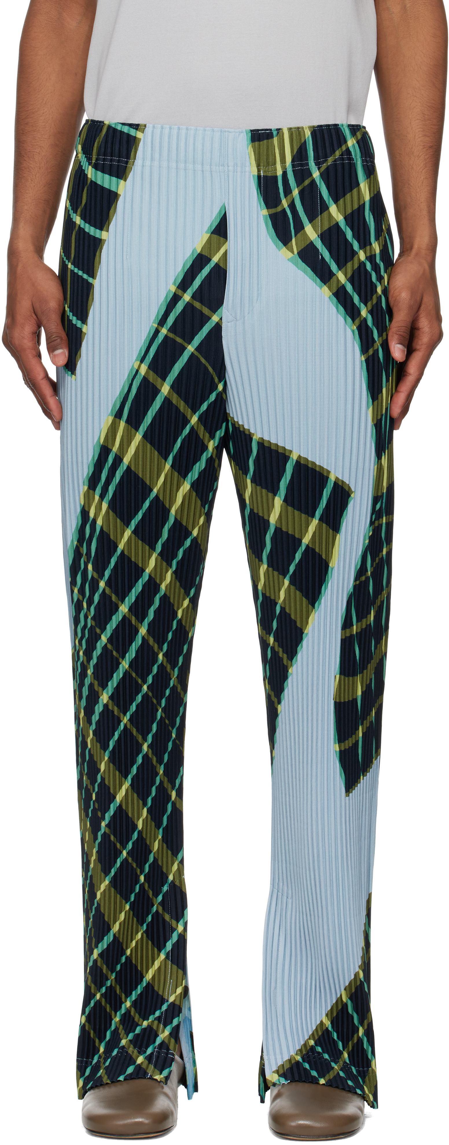 ISSEY MIYAKE BLUE & GREEN WINDSWEPT PLAID TROUSERS