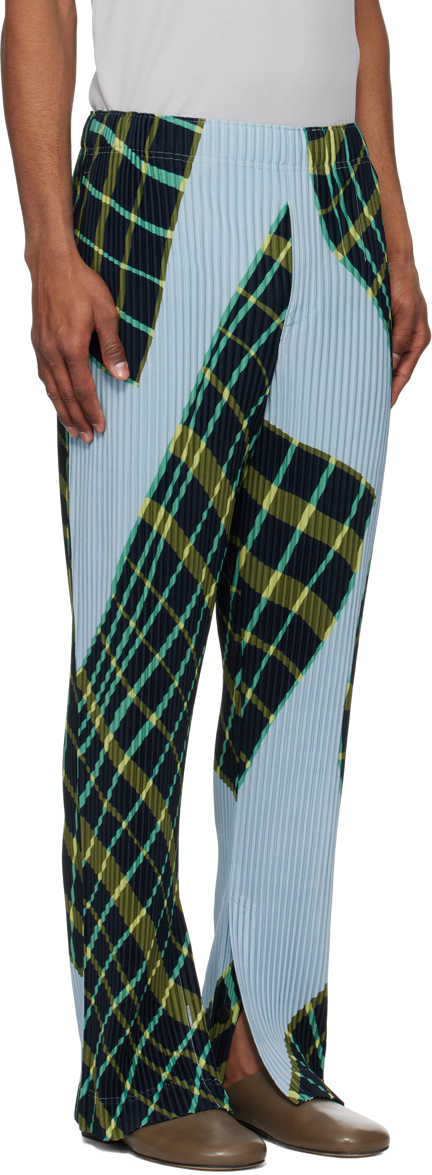 ISSEY MIYAKE BLUE & GREEN WINDSWEPT PLAID TROUSERS