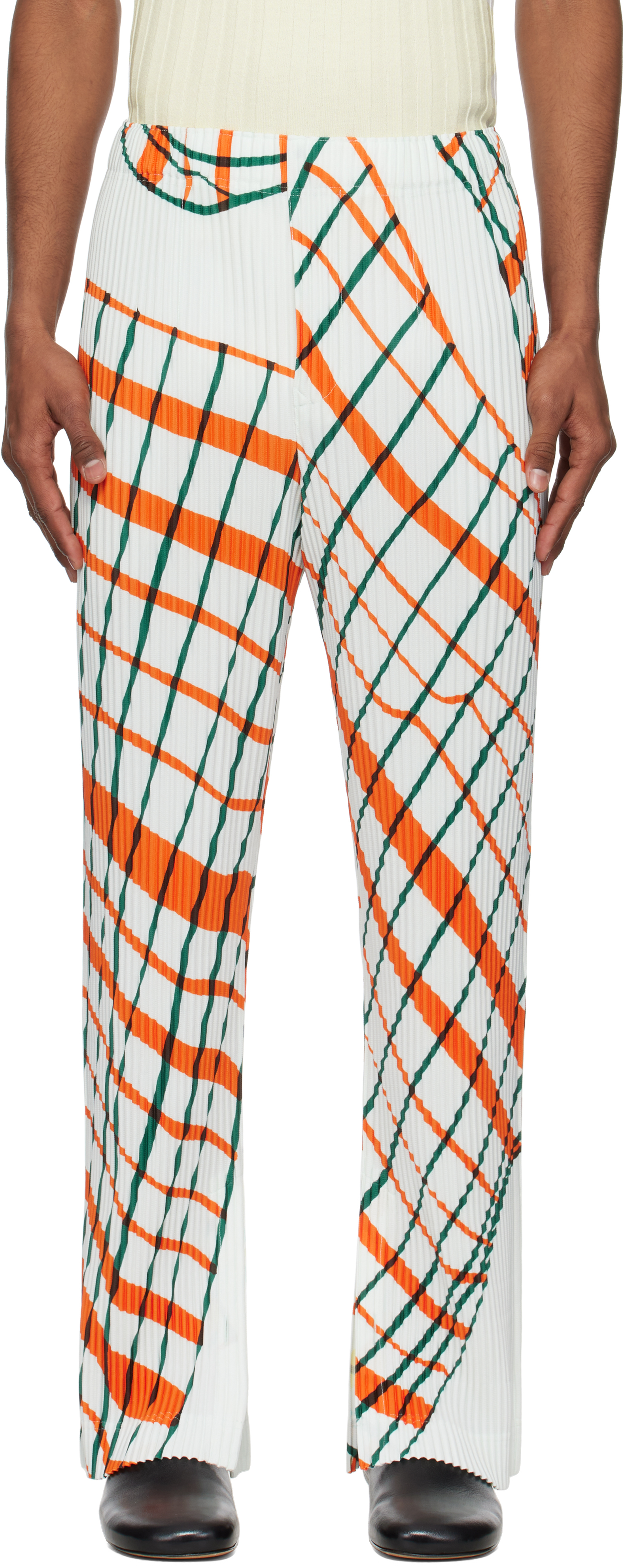 ISSEY MIYAKE WHITE WINDSWEPT PLAID TROUSERS