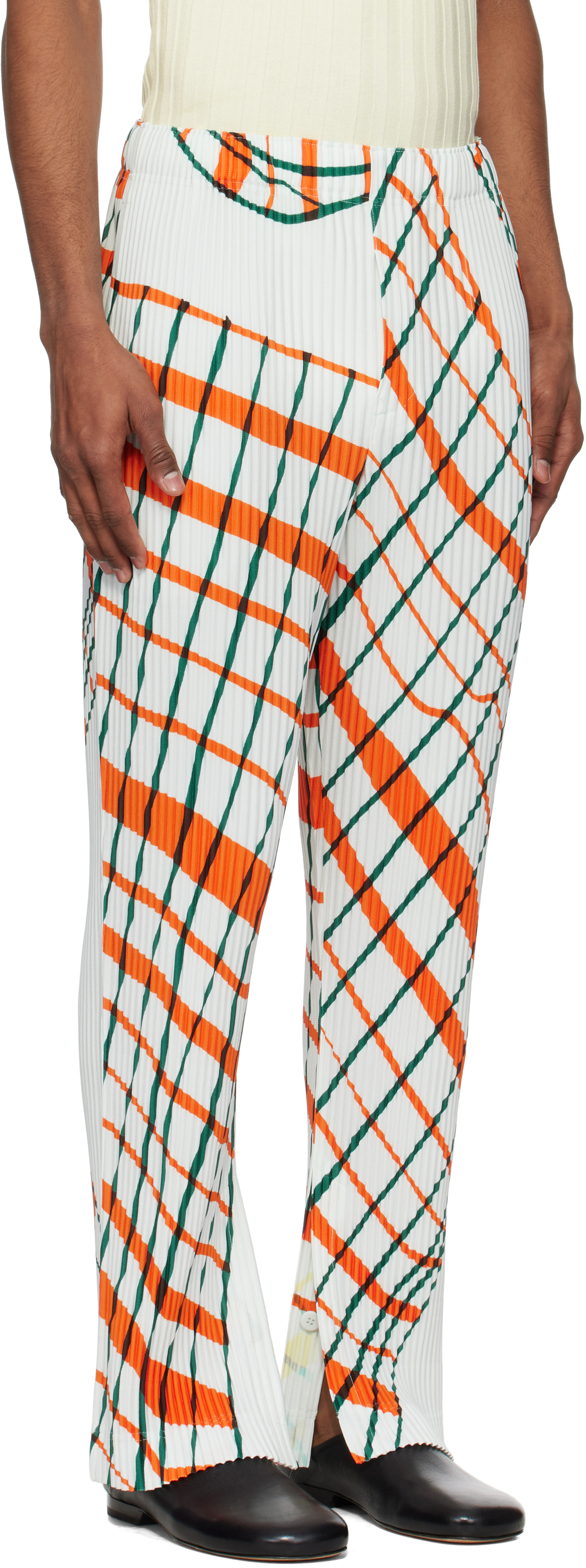 ISSEY MIYAKE WHITE WINDSWEPT PLAID TROUSERS