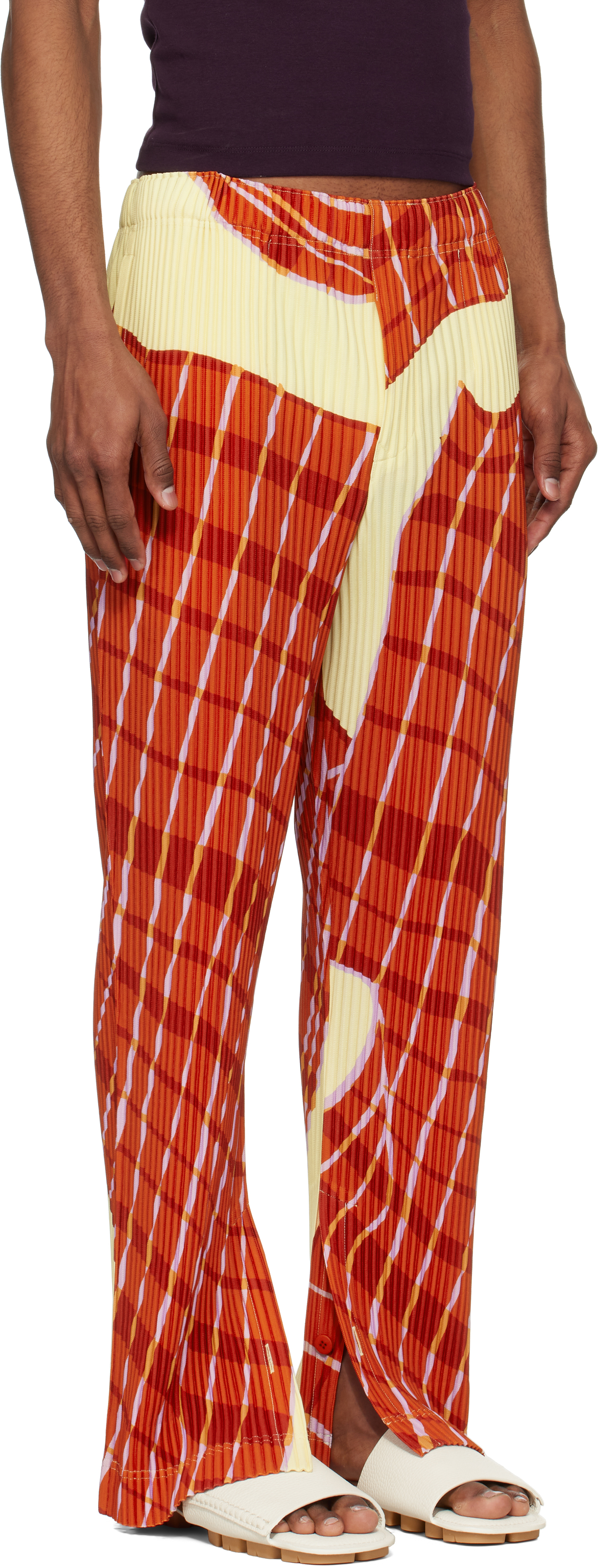 ISSEY MIYAKE YELLOW & ORANGE WINDSWEPT PLAID TROUSERS