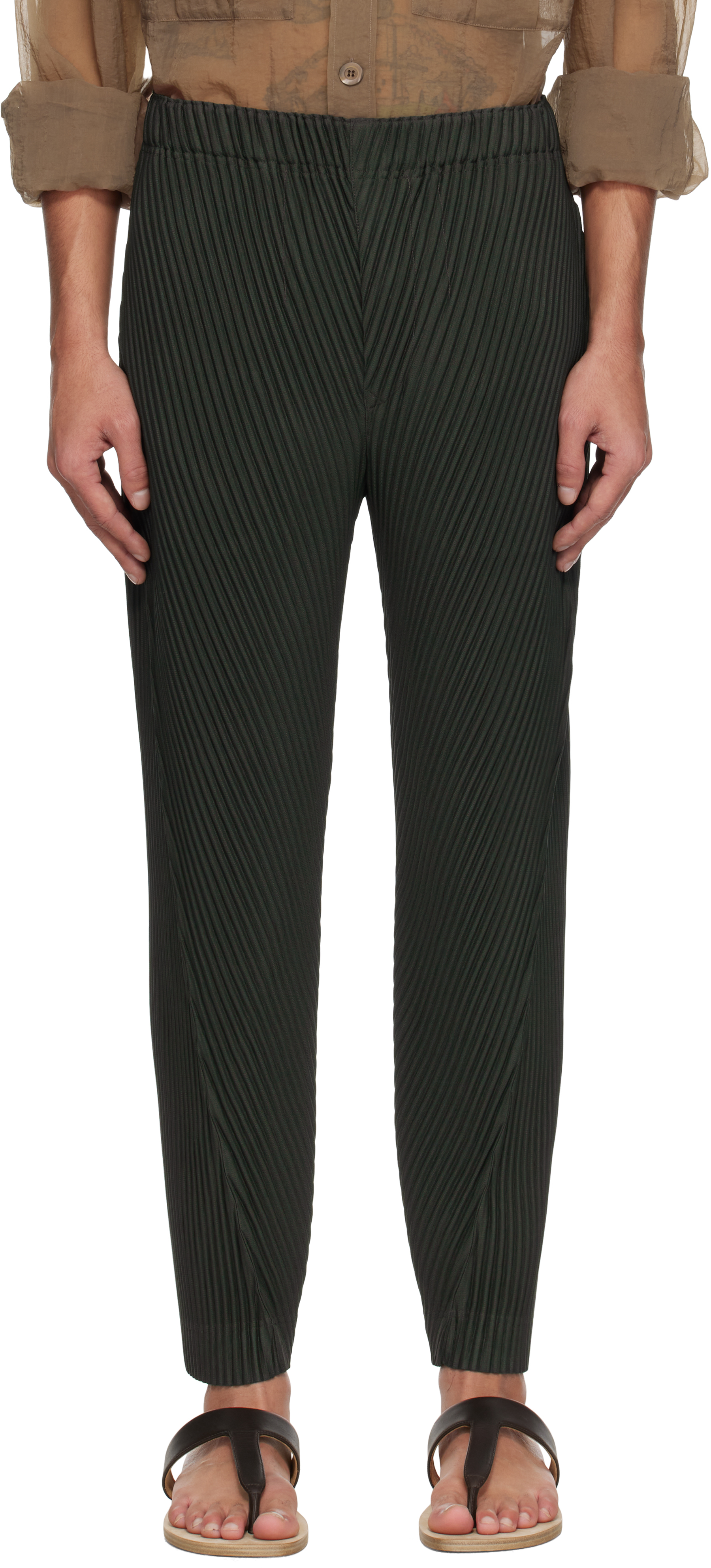 HOMME PLISSÉ ISSEY MIYAKE: Green Pleats Bottoms 2 Trousers