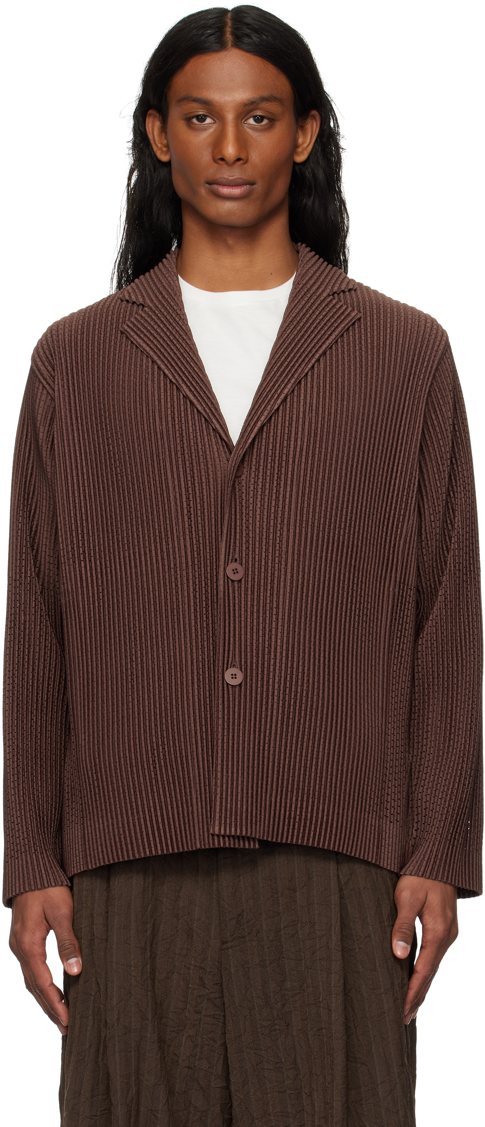 ISSEY MIYAKE BROWN OUTER MESH BLAZER