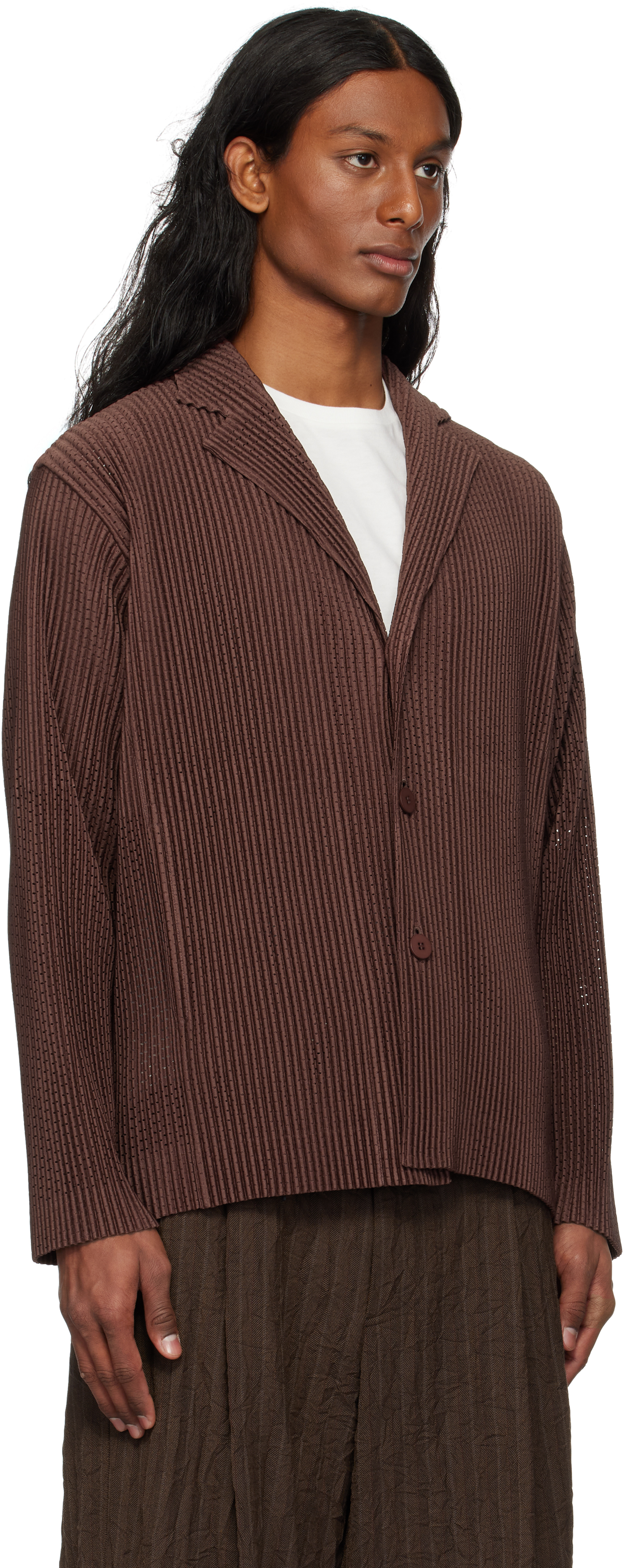 ISSEY MIYAKE BROWN OUTER MESH BLAZER
