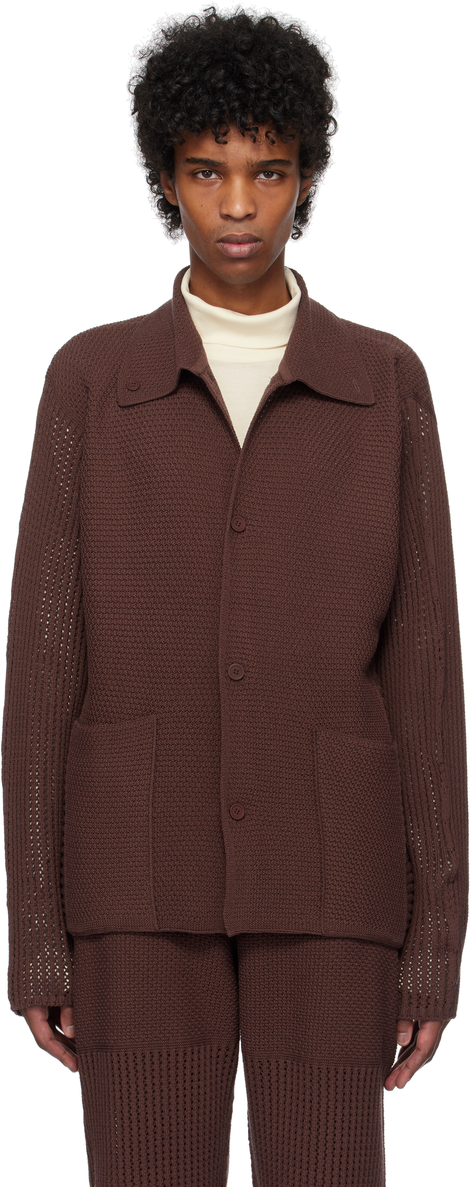 Brown Rustic Knit Cardigan by HOMME PLISSÉ ISSEY MIYAKE on Sale