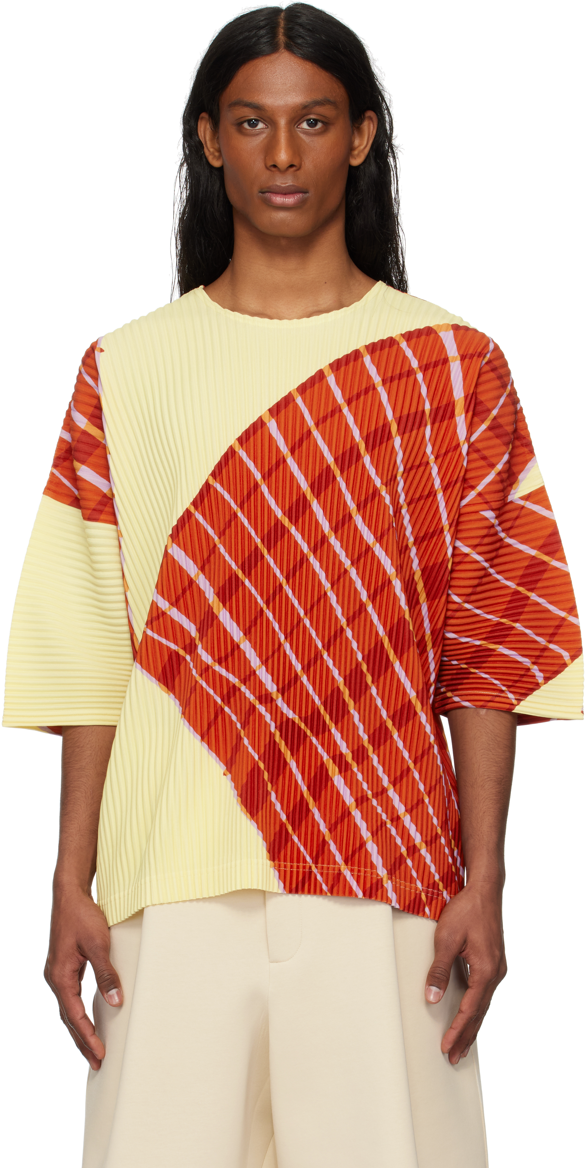 HOMME PLISSÉ ISSEY MIYAKE Yellow & Orange Windswept Plaid T-shirt