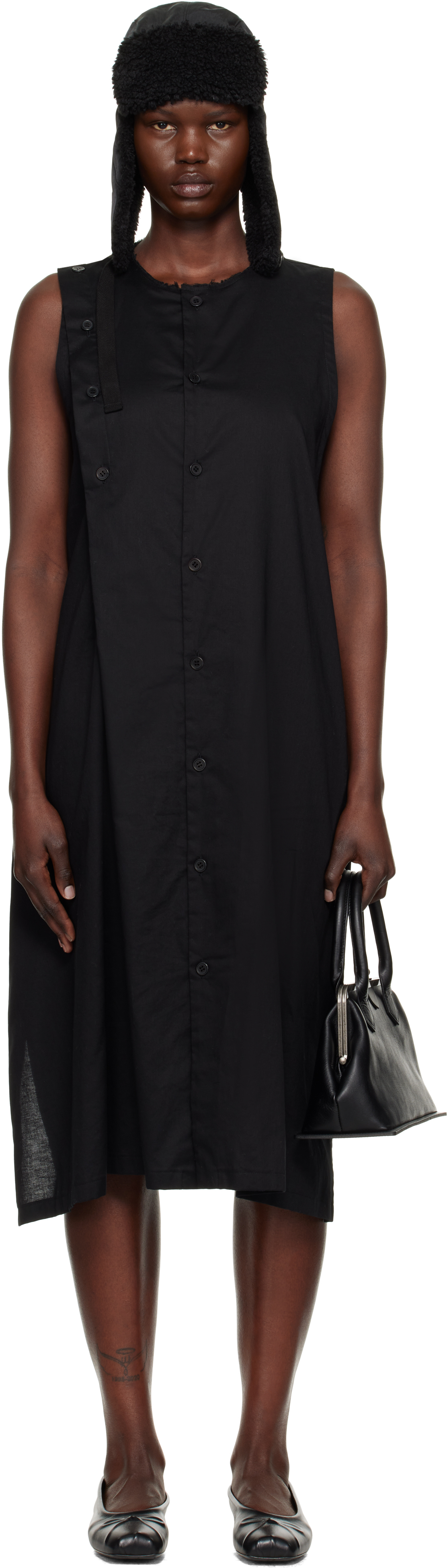 Black S-Asymmetric Button Midi Dress