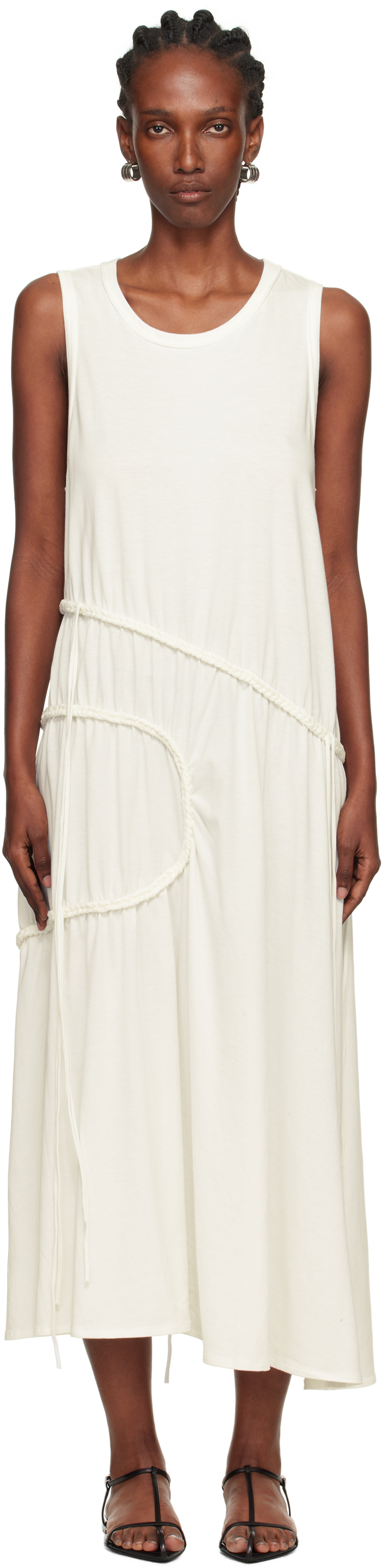 Y's Off-white Chain Stitch Sleeveless Midi Dress In Multi