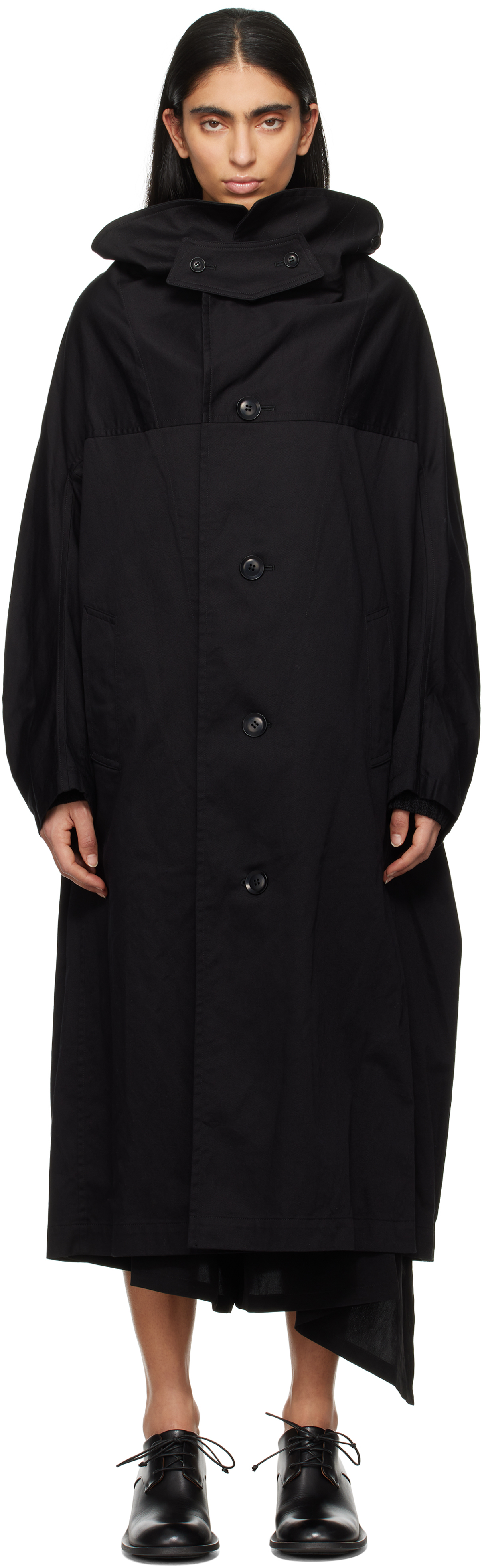 Black Cotton Twill Long Cape Coat