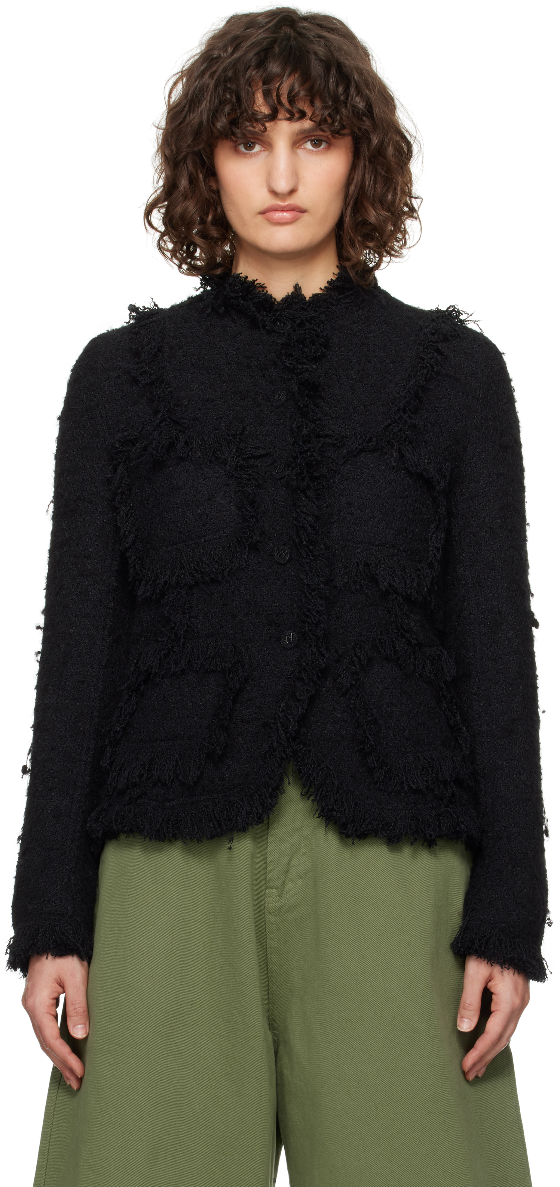 [OPEN YY] / ☆ 25SS FRAYED TWEED JACKET / BLACK Black Frayed Tweed Jacket by OPEN YY on Sale