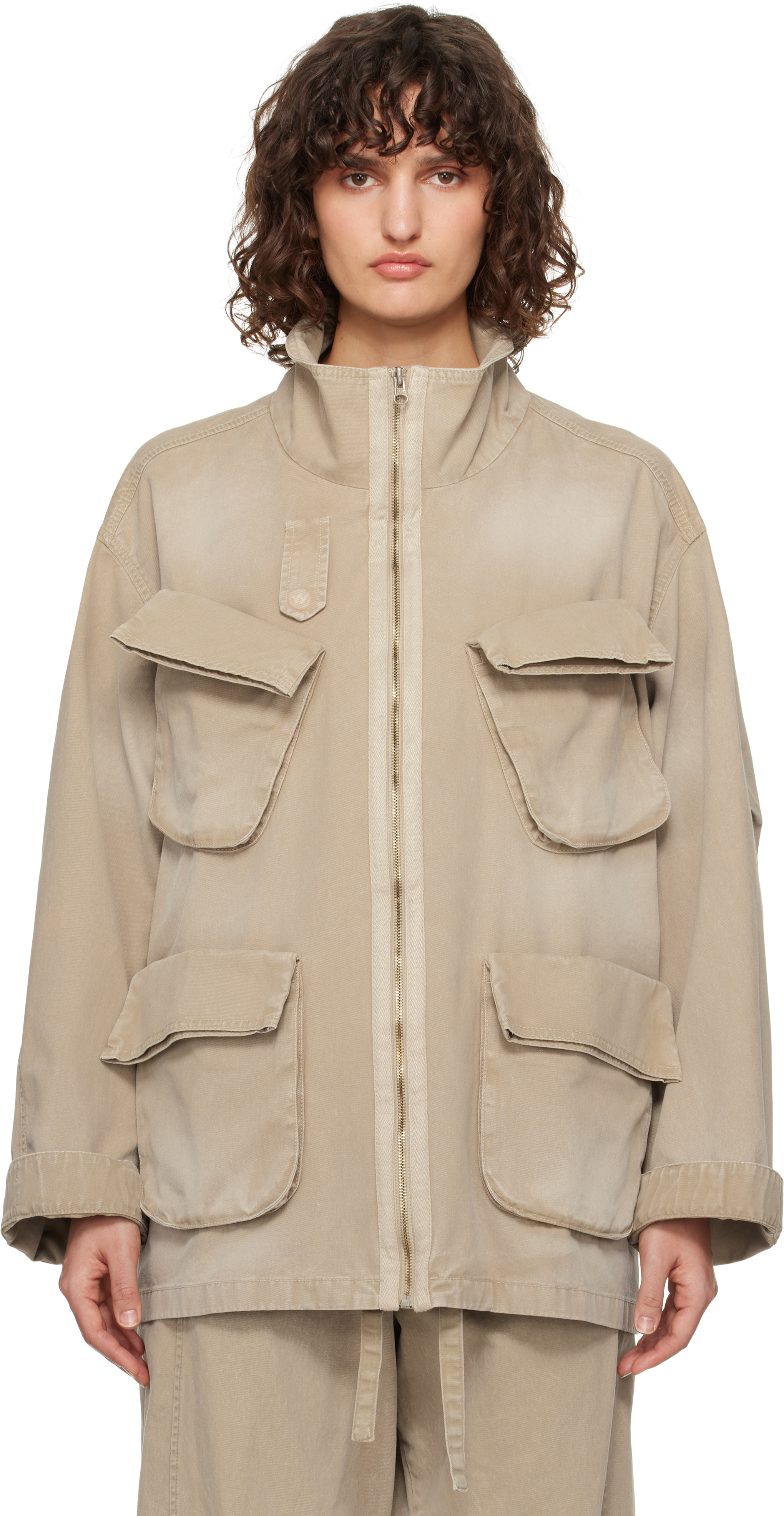 Beige Cargo Pocket Field Jacket by OPEN YY on Sale