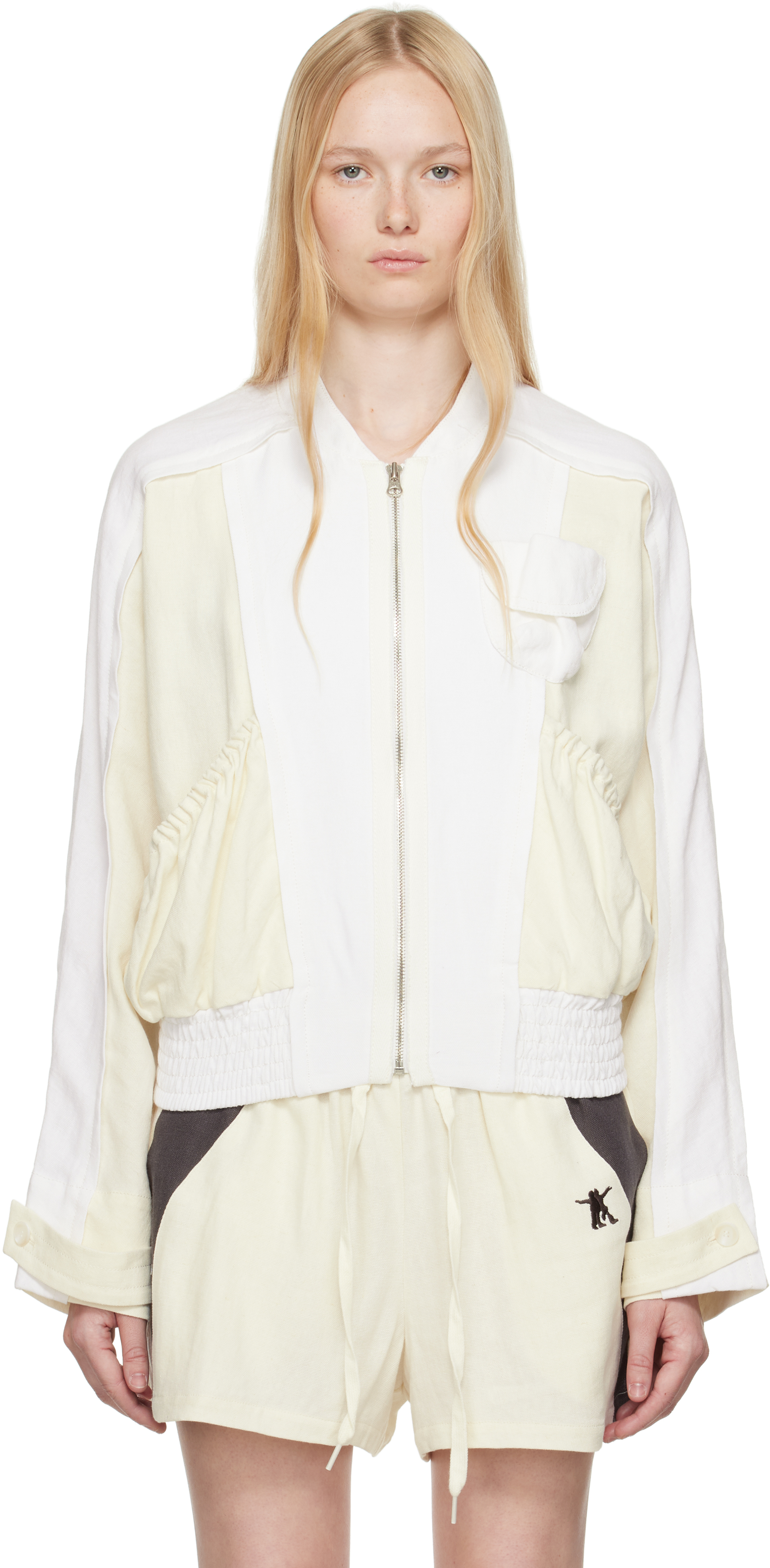 ジャケット OPEN YY LINEN PANELED BOMBER 5BSA037 White & Off-White Linen Paneled Bomber Jacket by OPEN YY on Sale