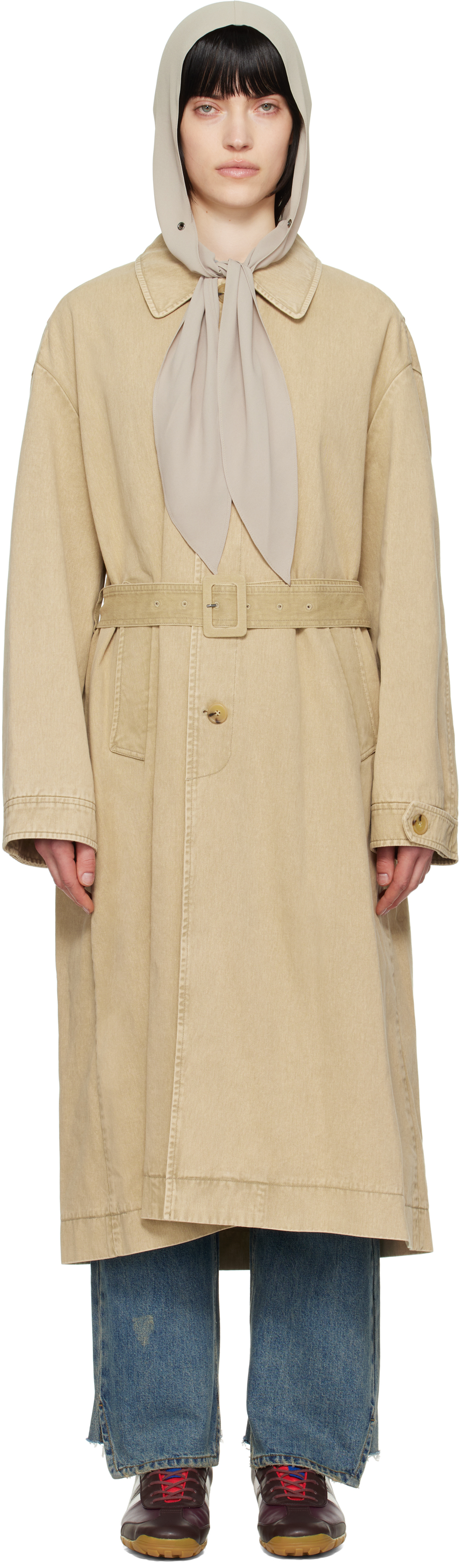 Beige Detachable Scarf Trench Coat