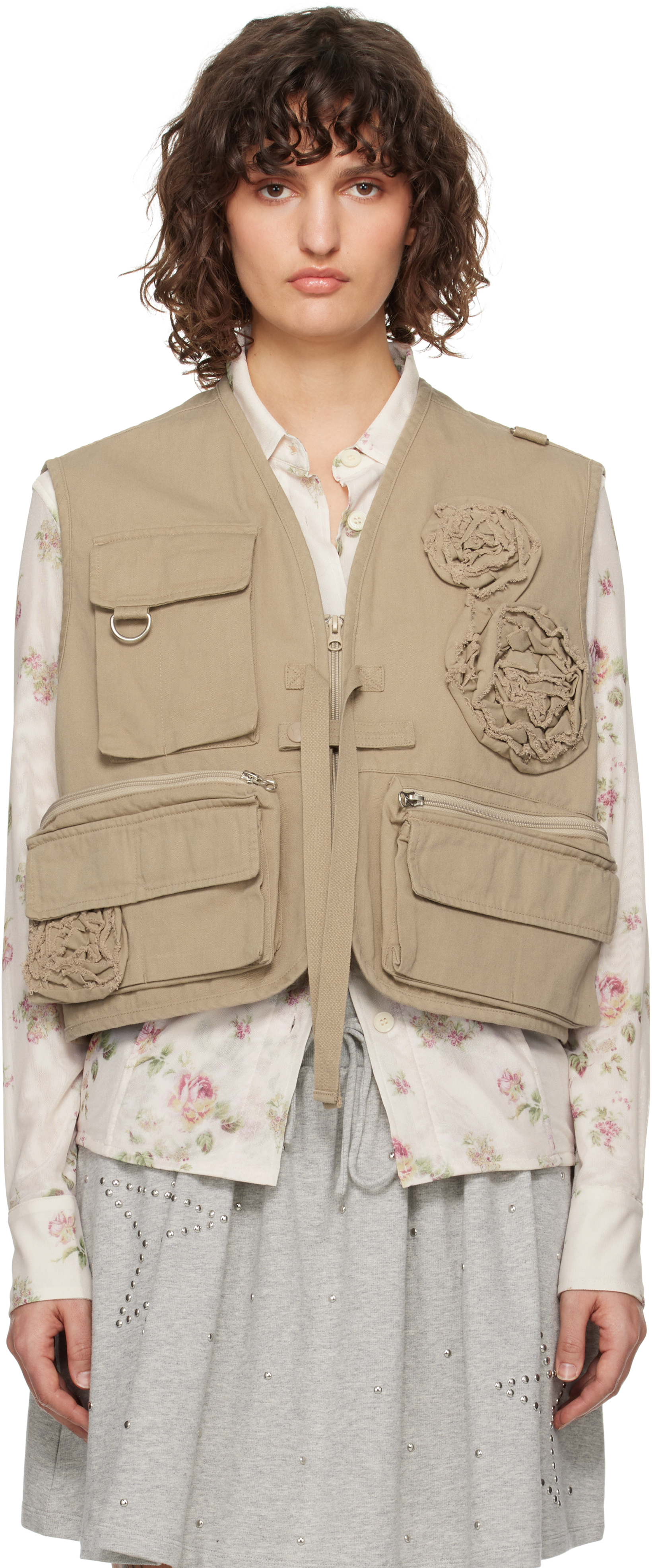 Beige Appliqué Cargo Vest by OPEN YY on Sale