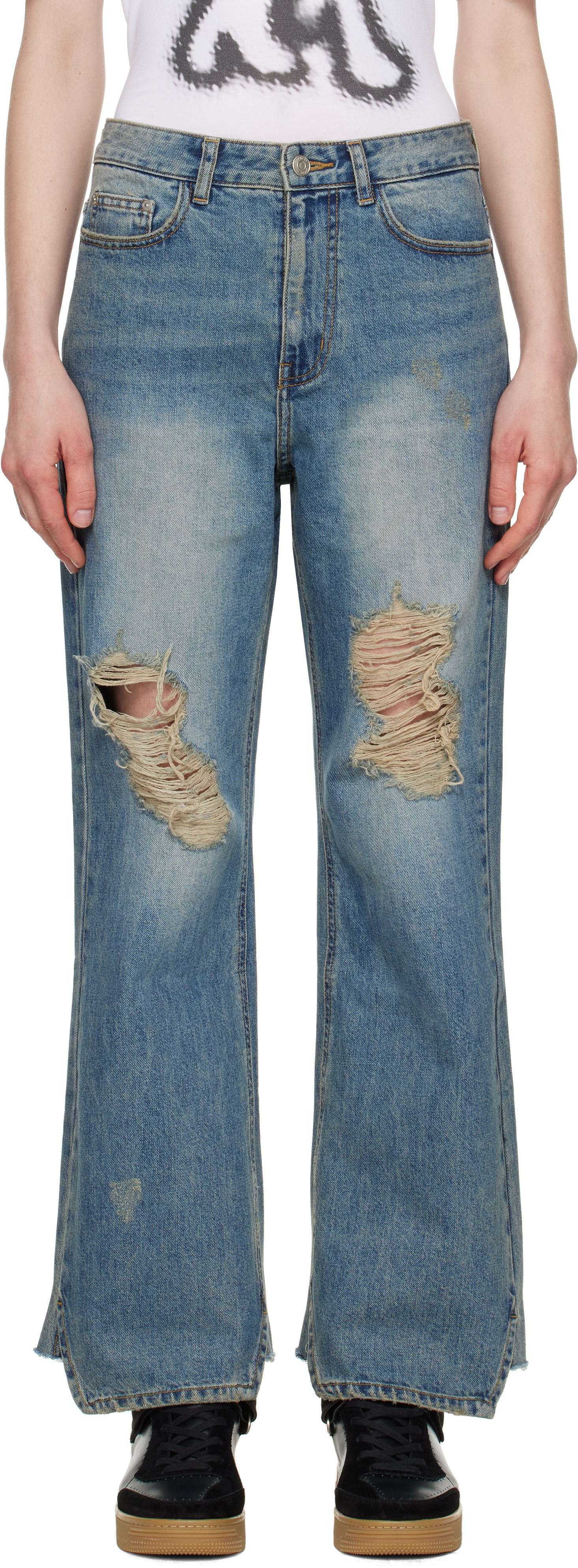 Blue Distressed Loose Straight Jeans