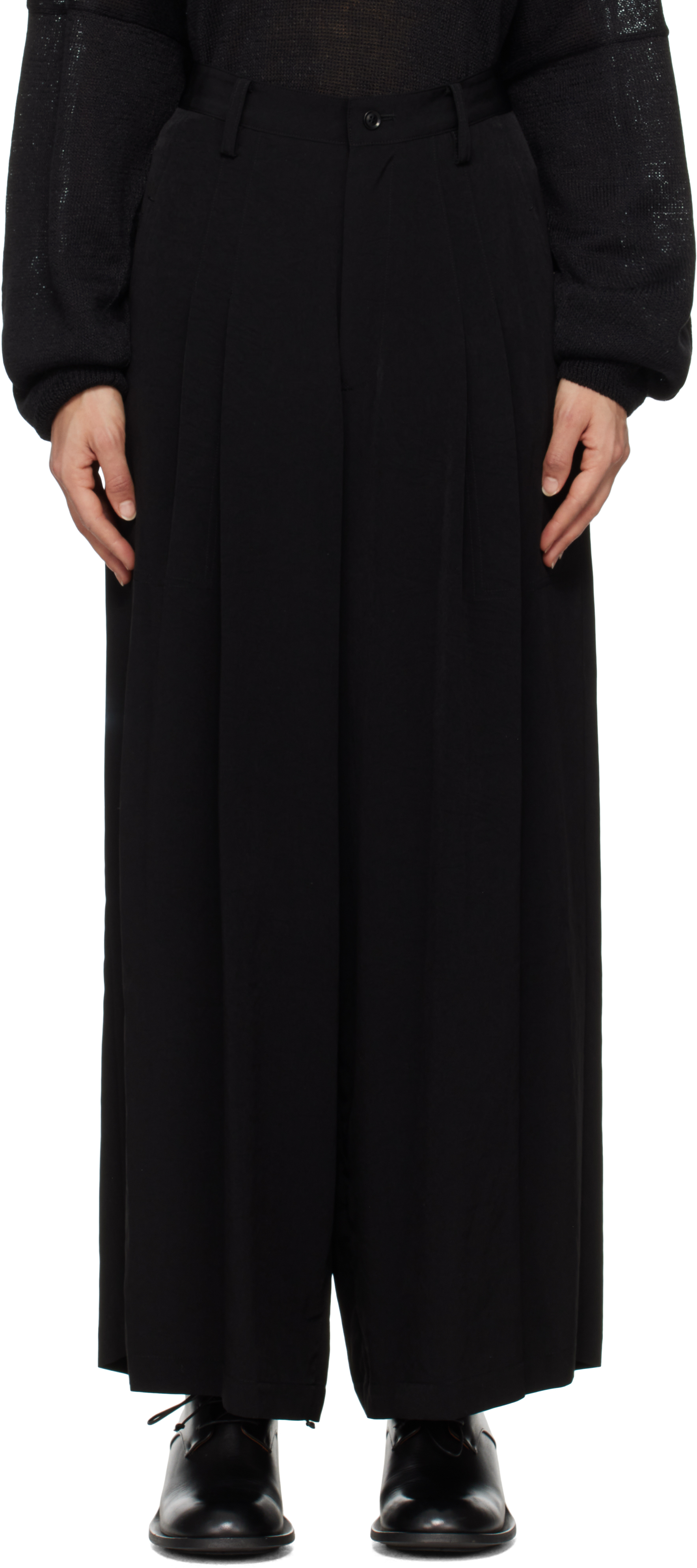 Black Double Tucked Wide Trousers