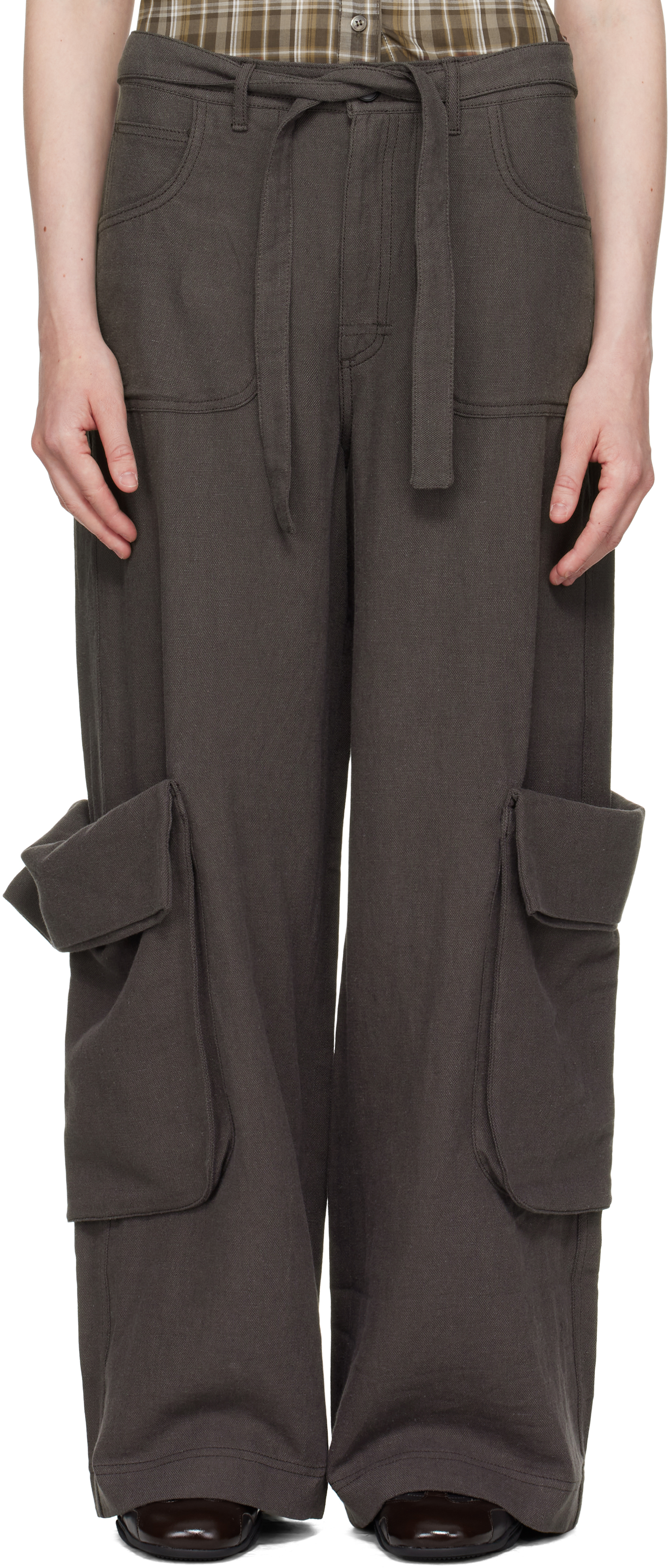 Gray Linen Cargo Pants