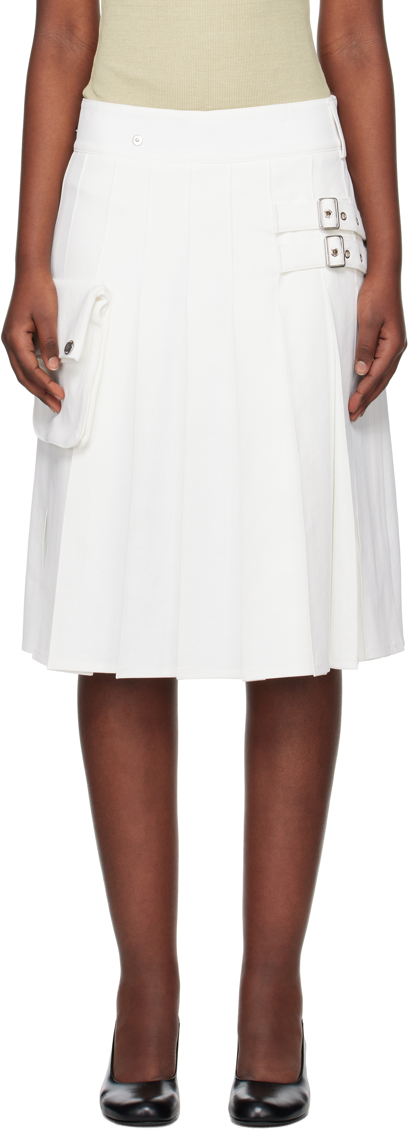 White Pleated Cargo Pocket Kilt Midi Skirt